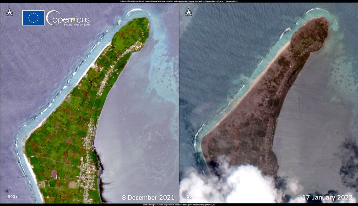 El impacto de la erupción en Tongatapu, la isla principal de Tongo, es visible en estas fotos tomadas el 8 de enero y el 17 de enero, tras la erupción