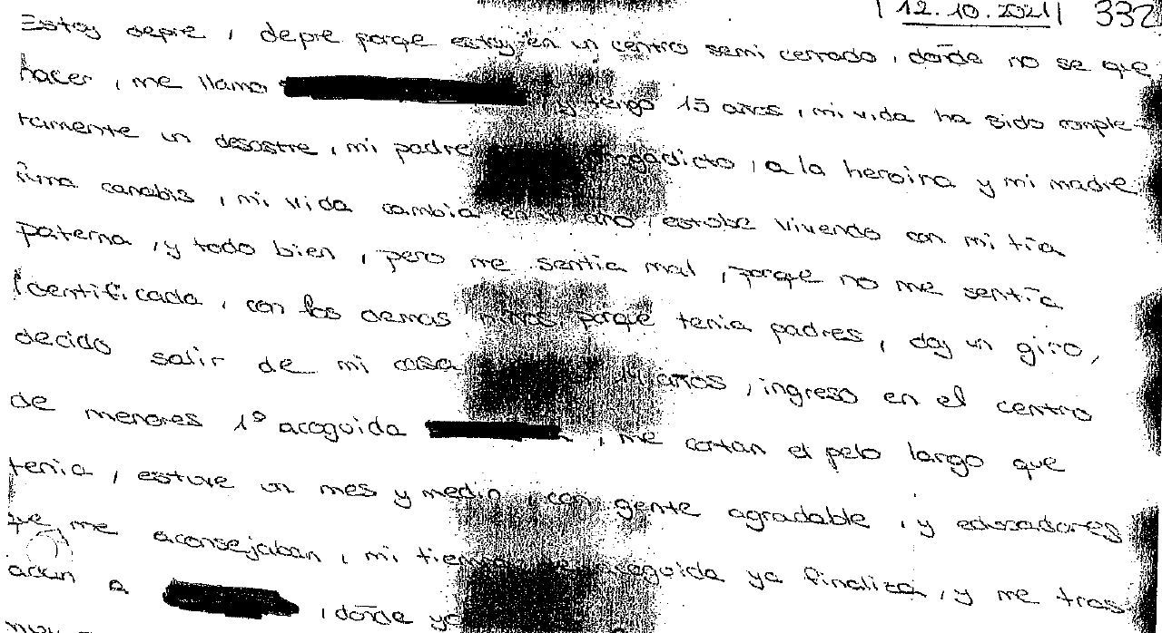 Primer extracto de la carta manuscrita por la menor tutelada prostituida por una mafia que desarticuló la Policía.