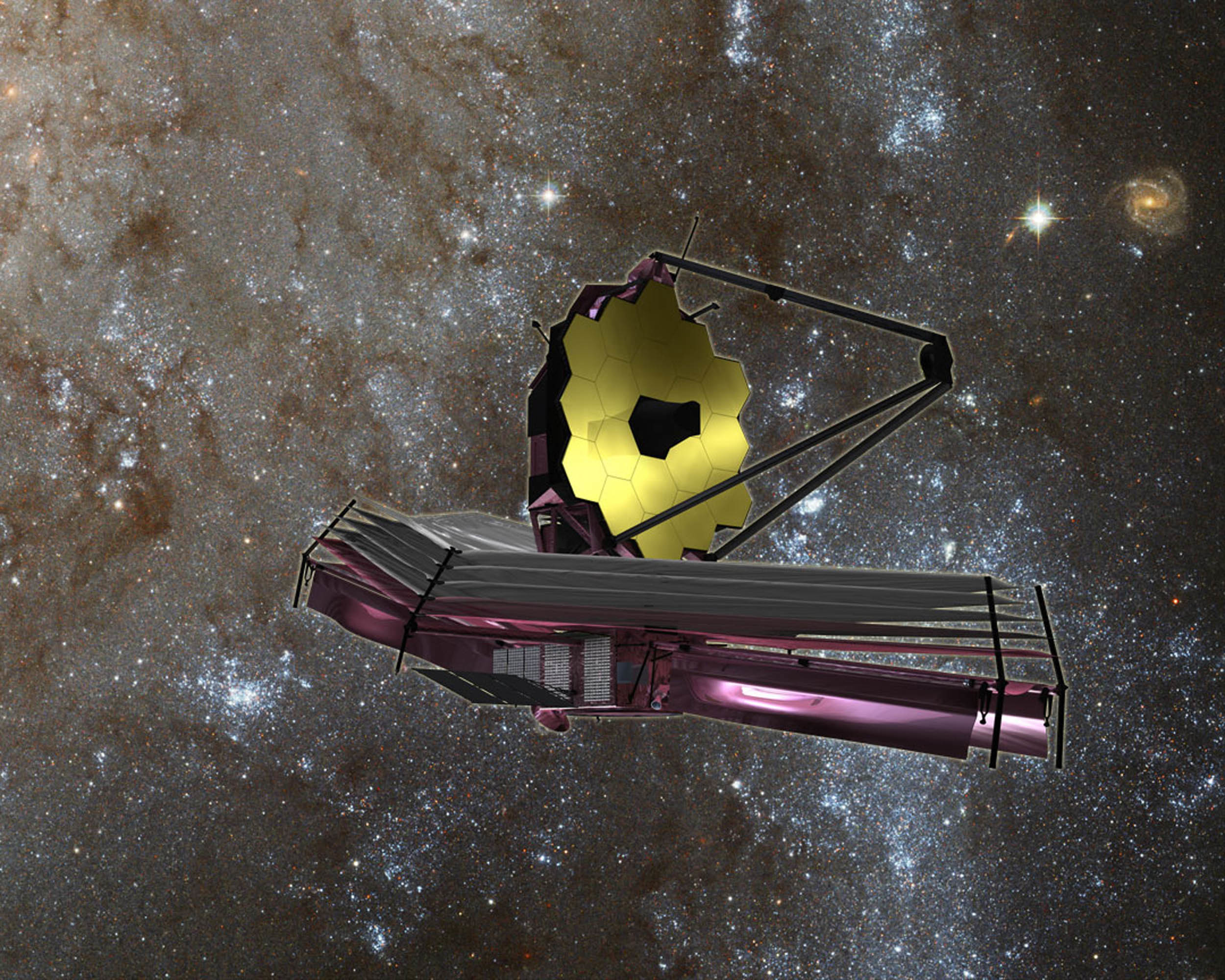 Recreacin del telescopio James Webb en el espacio.
