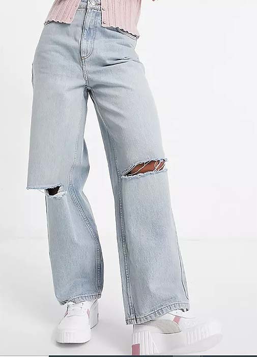 Jeans amplios bajo crudo de muslo alto, Mode de Mujer