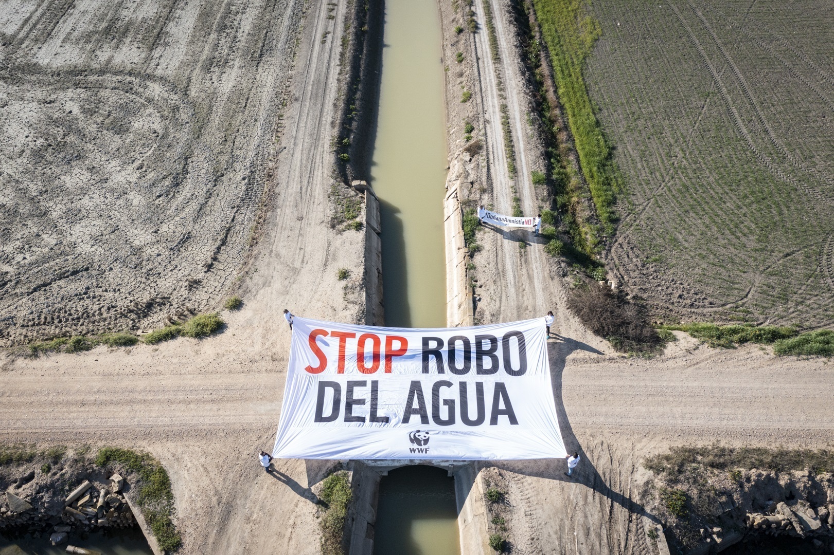 Despliegue de la pancarta 'Stop robo del agua' en Doana en una iniciativa de WWF.