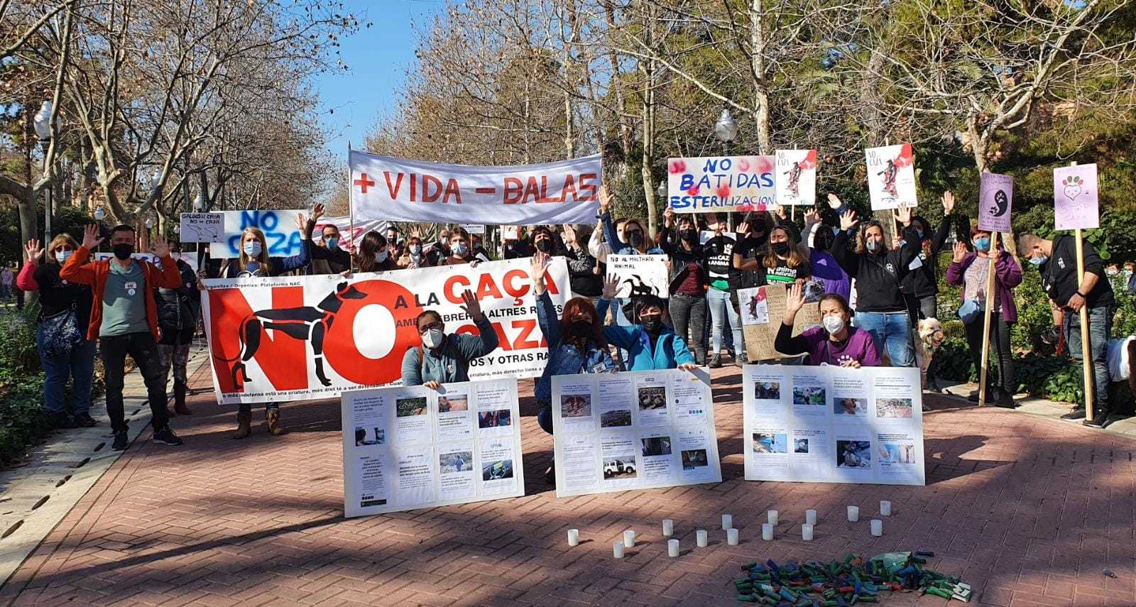 Decenas de personas, este domingo en Castelln, protestando contra la caza.
