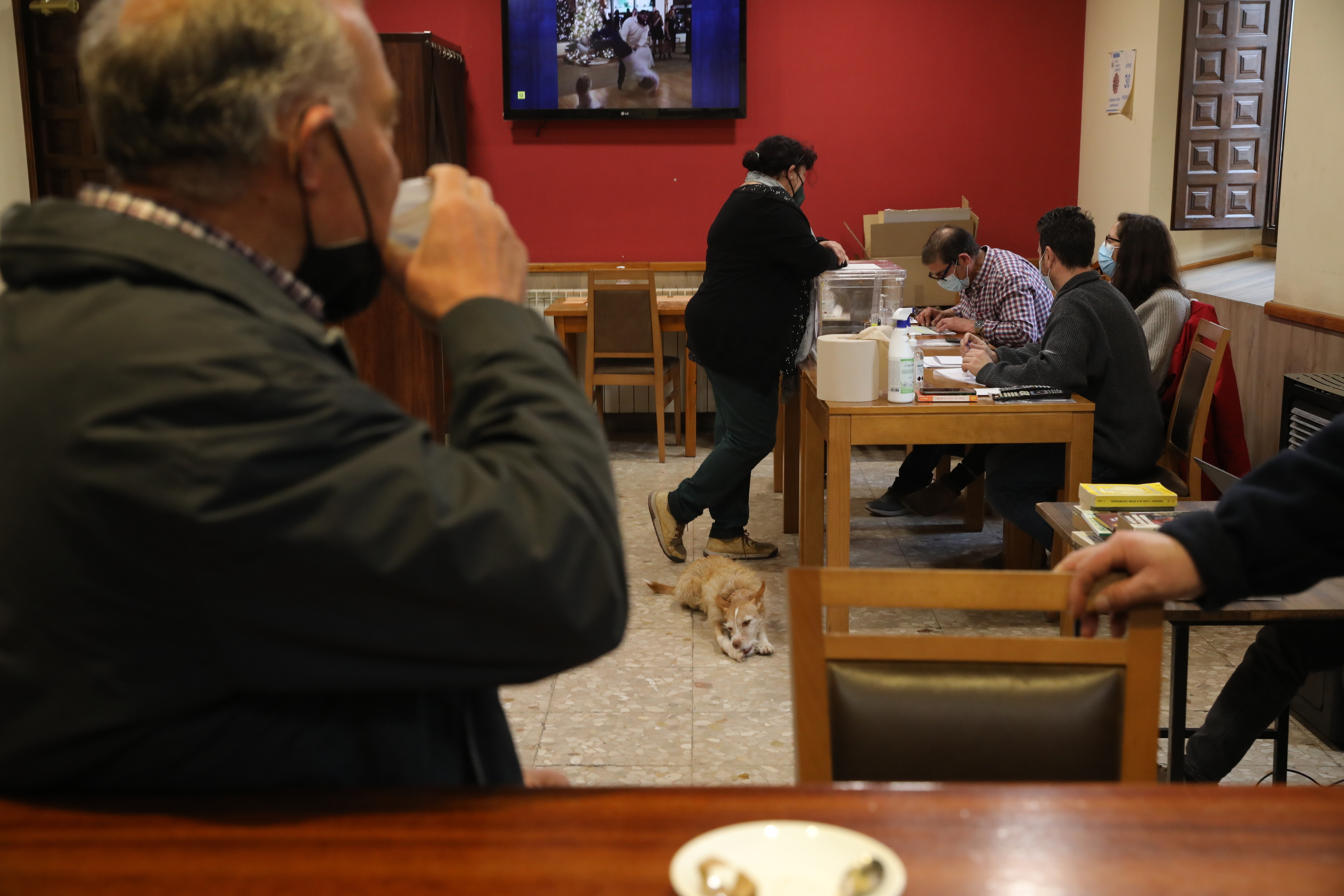 Un hombre toma un café en el bar de Arenillas, convertido en colegio electoral.