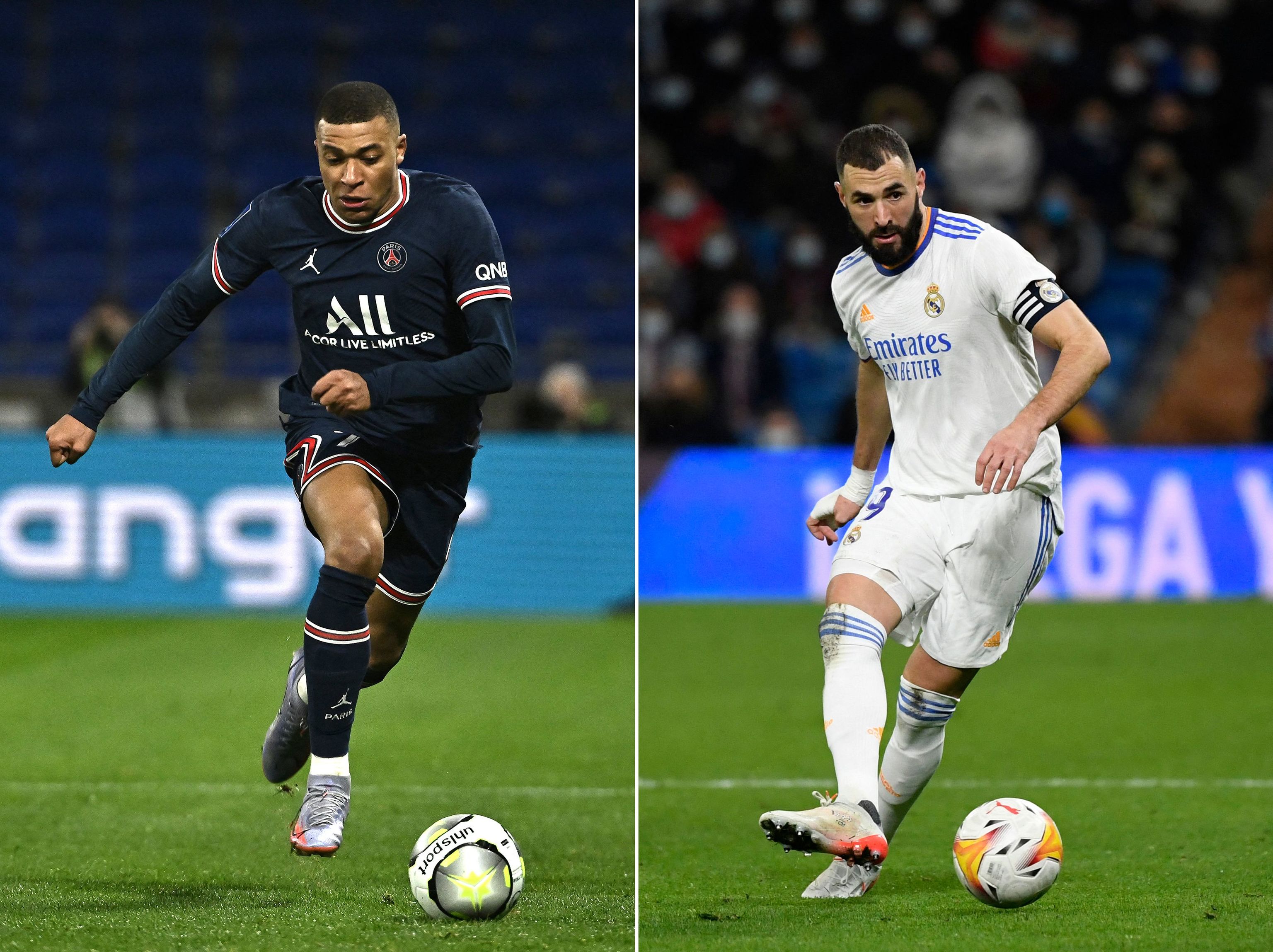 (COMBO) This combination of file pictures made on February 15, 2022, shows (from L to R) Paris Saint-Germain's French forward Kylian  lt;HIT gt;Mbappe lt;/HIT gt; driving the ball during the French L1 football match between Olympique Lyonnais and Paris Saint-Germain at the Groupama stadium in Decines-Charpieu near Lyon on January 9, 2022 and Real Madrid's French forward Karim Benzema kicking the ball during the Spanish league football match between Real Madrid CF and Athletic Club Bilbao at the Santiago Bernabeu stadium in Madrid on December 1, 2021. - Paris Saint-Germain faces Real Madrid in Paris on February 15, 2022, in their UEFA Champions League last 16 first leg football match. (Photo by Pierre-Philippe MARCOU and Jeff PACHOUD / AFP)