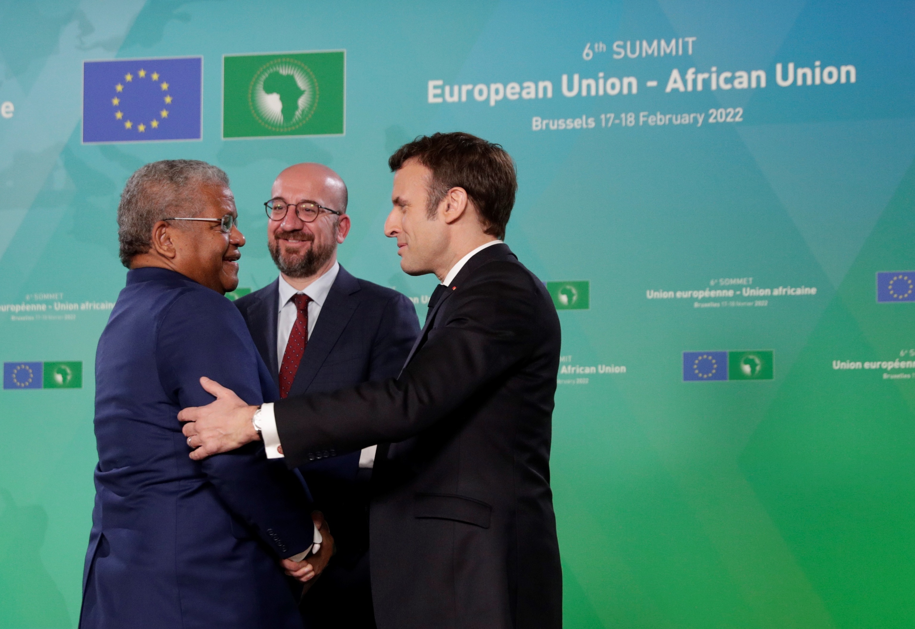 Wavel Ramkalawan con Charles Michel y Macron en Bruselas.