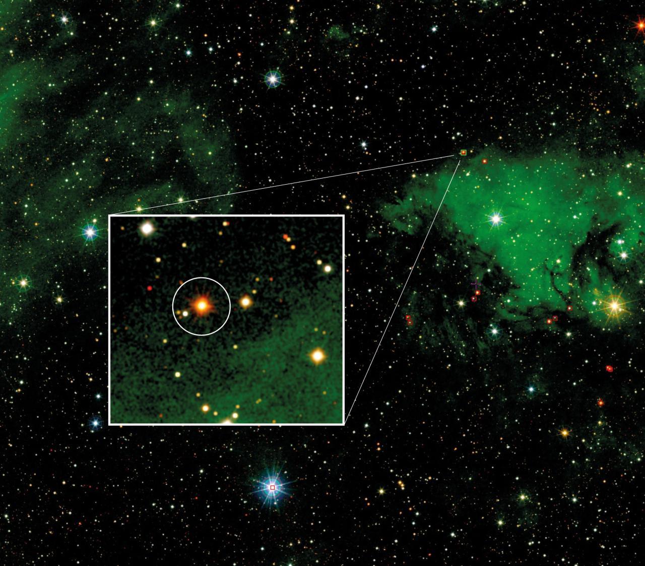 Imagen de la región Cygnus-X con la estrella enmarcada.