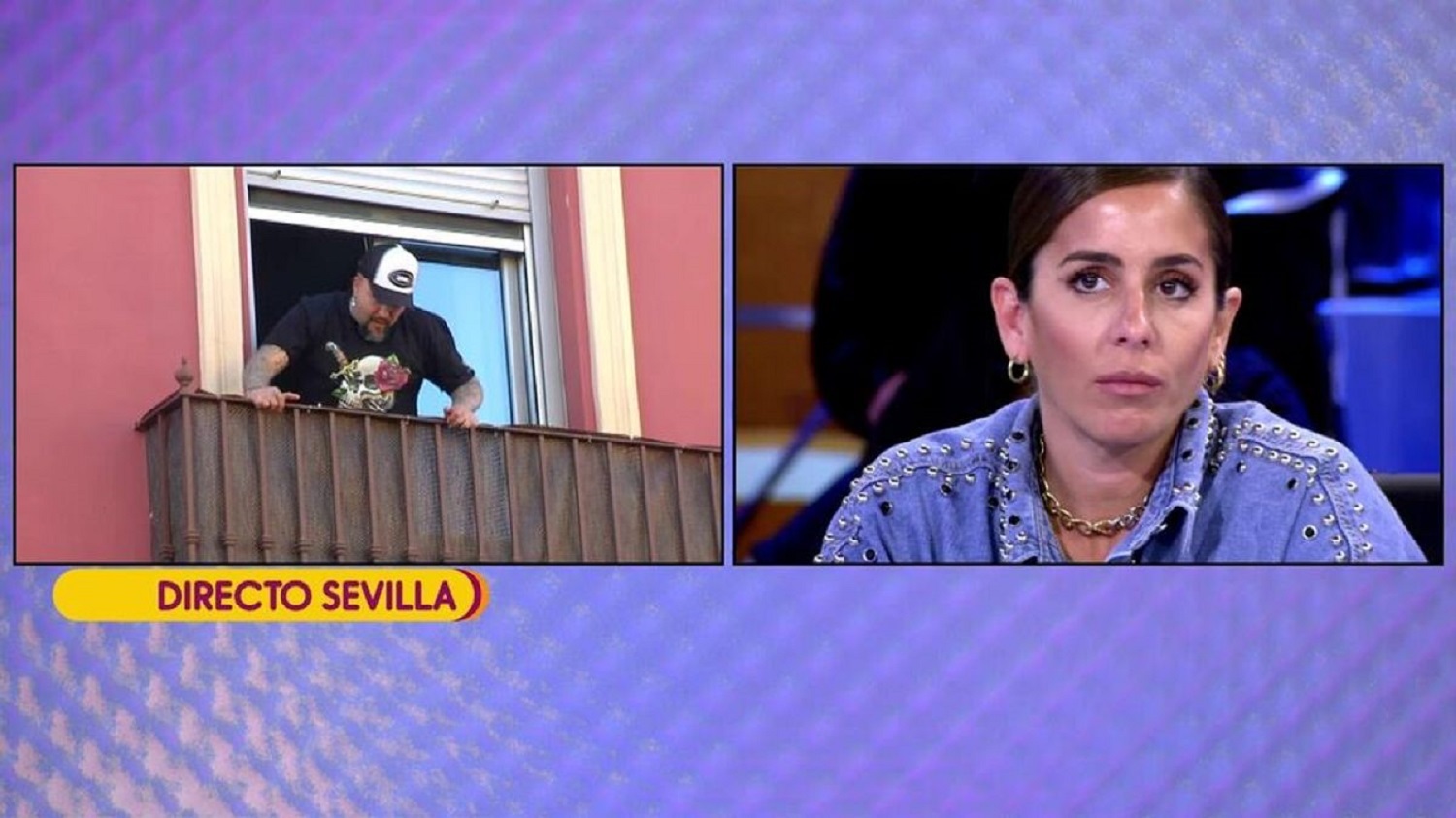 Kiko Rivera en el balcn de su casa de Sevilla y Anabel Pantoja en el plat de Slvame -