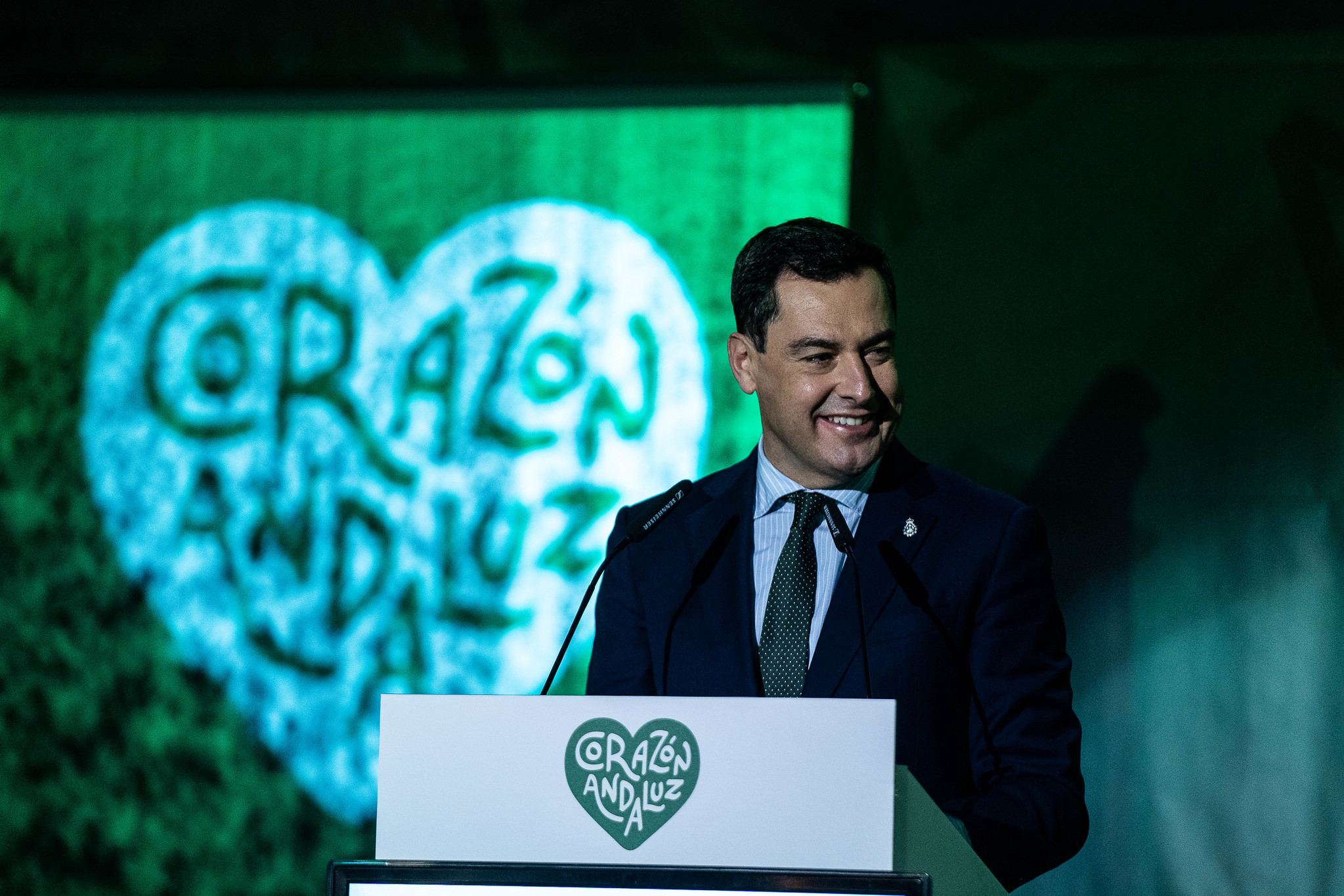 El presidente de la Junta, Juanma Moreno, durante la presentacin de la marca 'Corazn andaluz'.