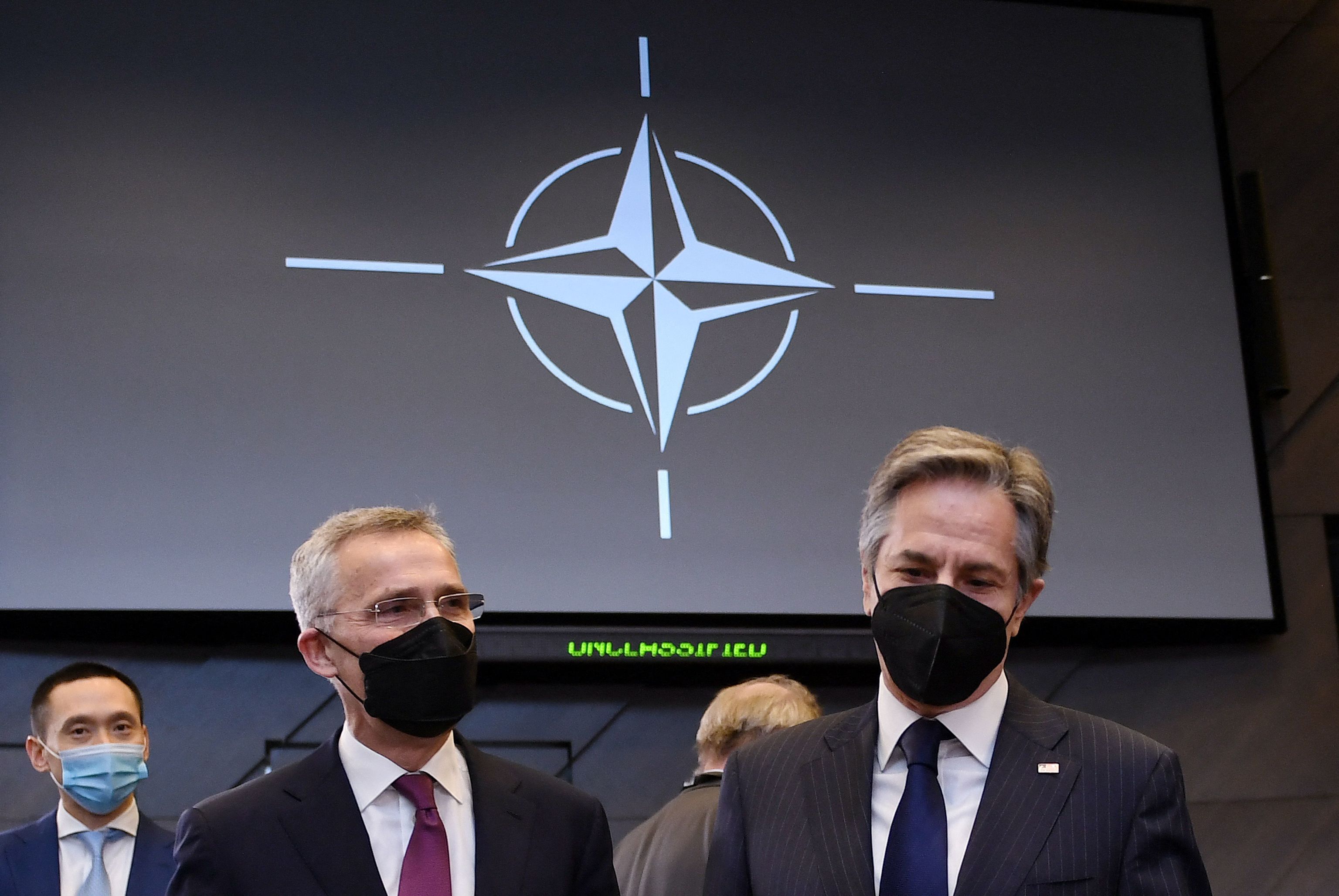 El secretario general de la OTAN, Jens Stoltenberg, y el secretario de Estado estadounidense, Anthony Blinken,  y en Bruselas.l