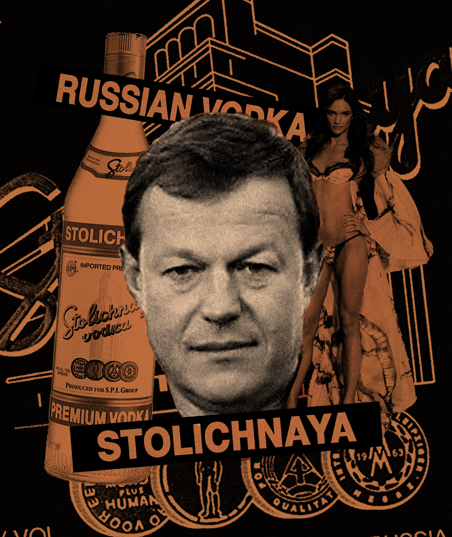 Fotocomposicin del multimillonario Yuri Shefler, su mujer y una botella de vodka Stolichnaya fabricado en Rusia.