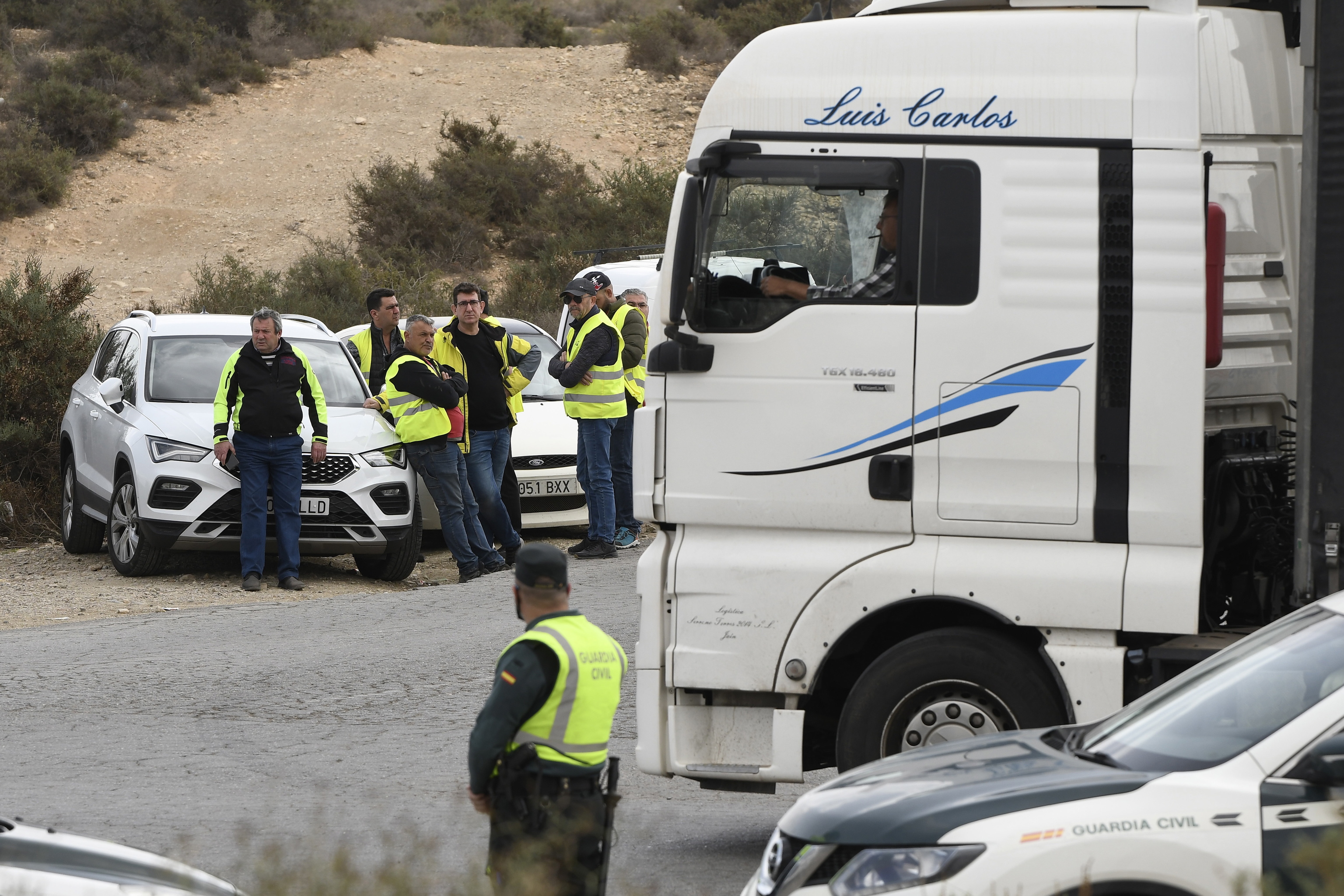 Un grupo de transportistas con sus camiones parados en Almera.