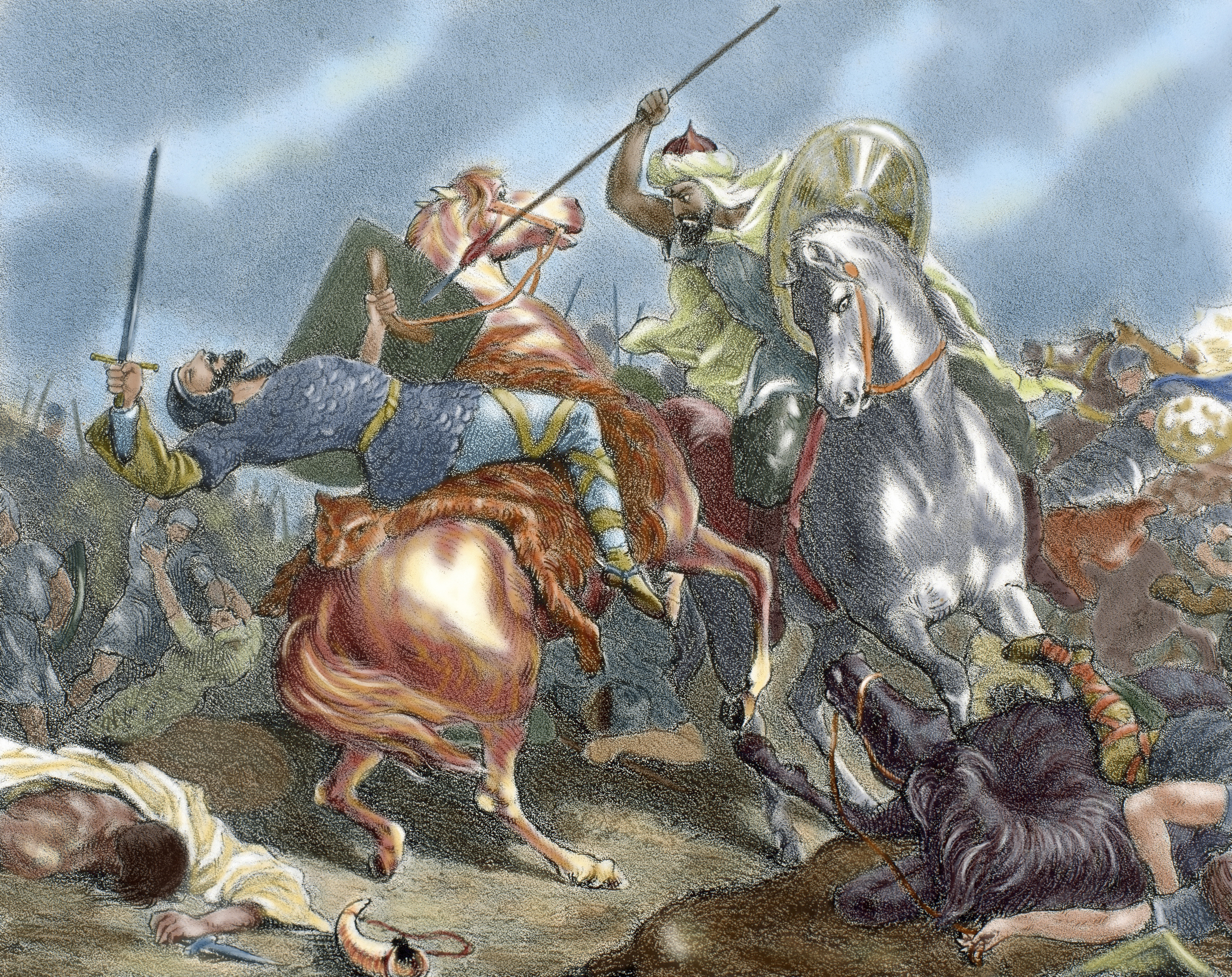 El rey godo Rodrigo es abatido por el general Tariq ibn Ziyad en la batalla de Guadalete.