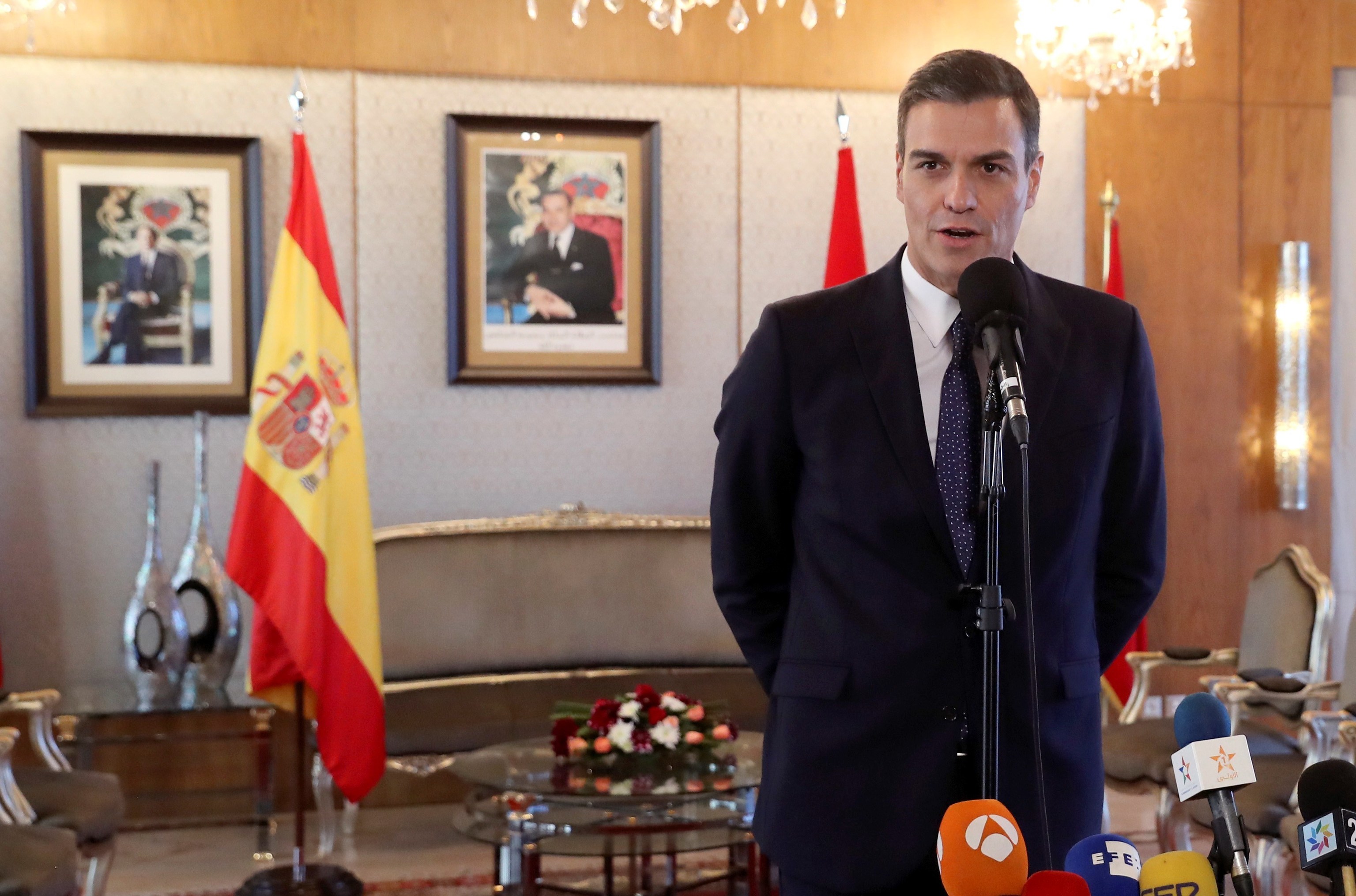 Pedro Sánchez, durante la rueda de prensa ofrecida tras su reunión con el rey Mohamed VI en Rabat en 2018.