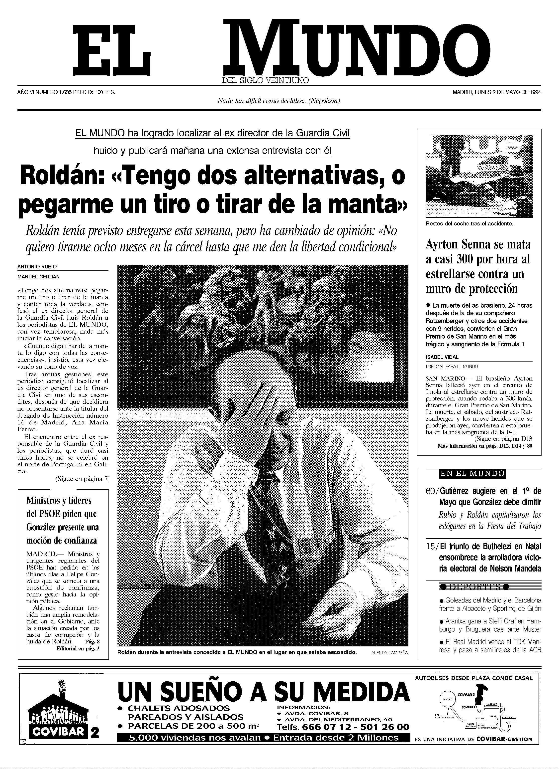Portada de EL MUNDO del 2 de mayo de 1994, con la entrevista a Luis Roldn en su escondite de Pars.