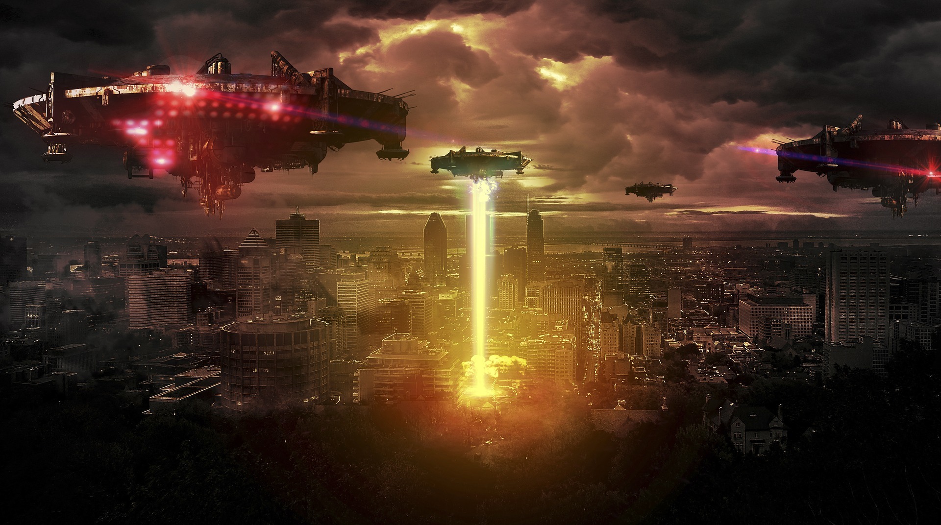 Varias naves extraterrestres atacando una ciudad. Leer la noticia de una invasión alienígena no es algo descabellado, si es 1 de abril.