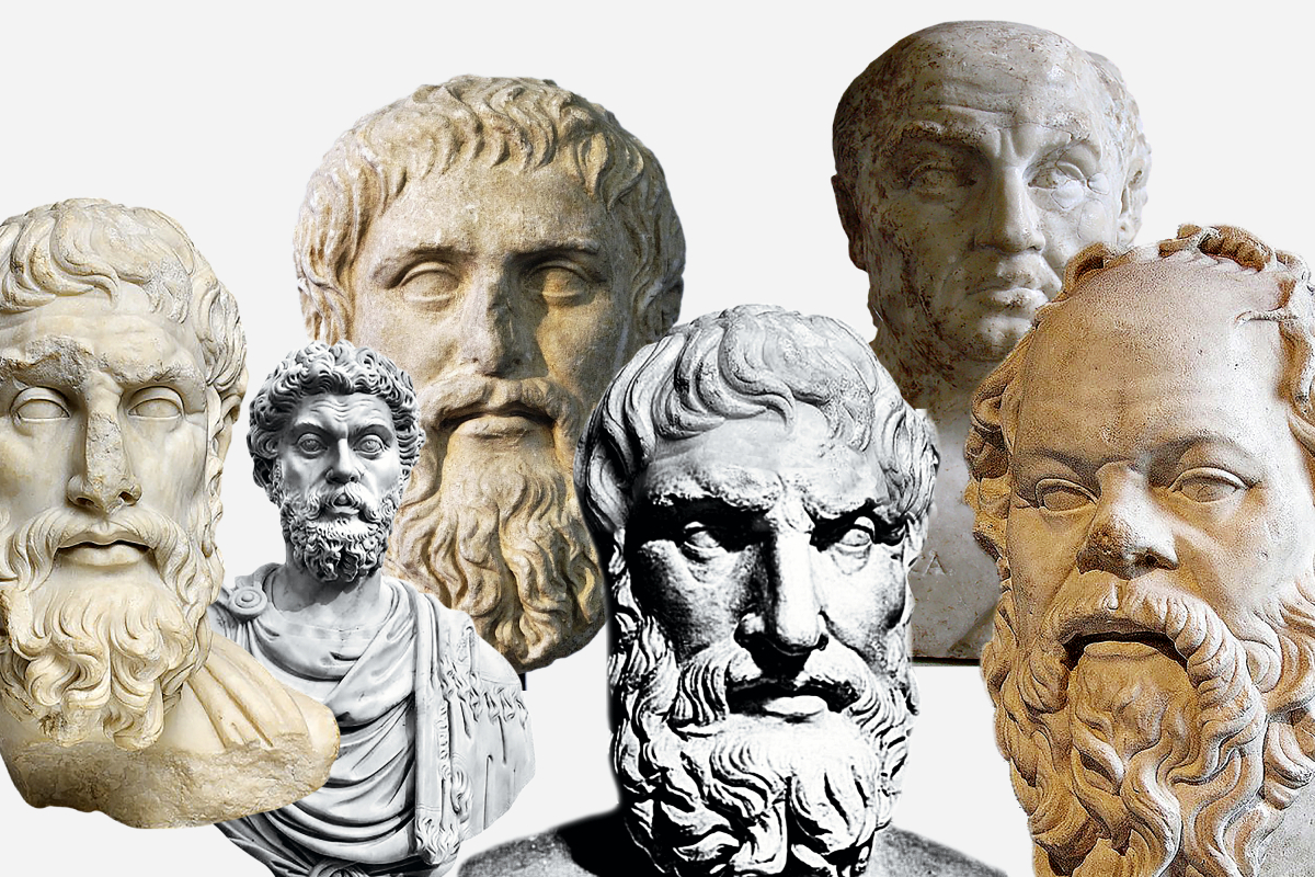 De izquierda a derecha: Epicuro, Marcelo Aurelio, Platn, Epicteto, Sneca y Scrates.