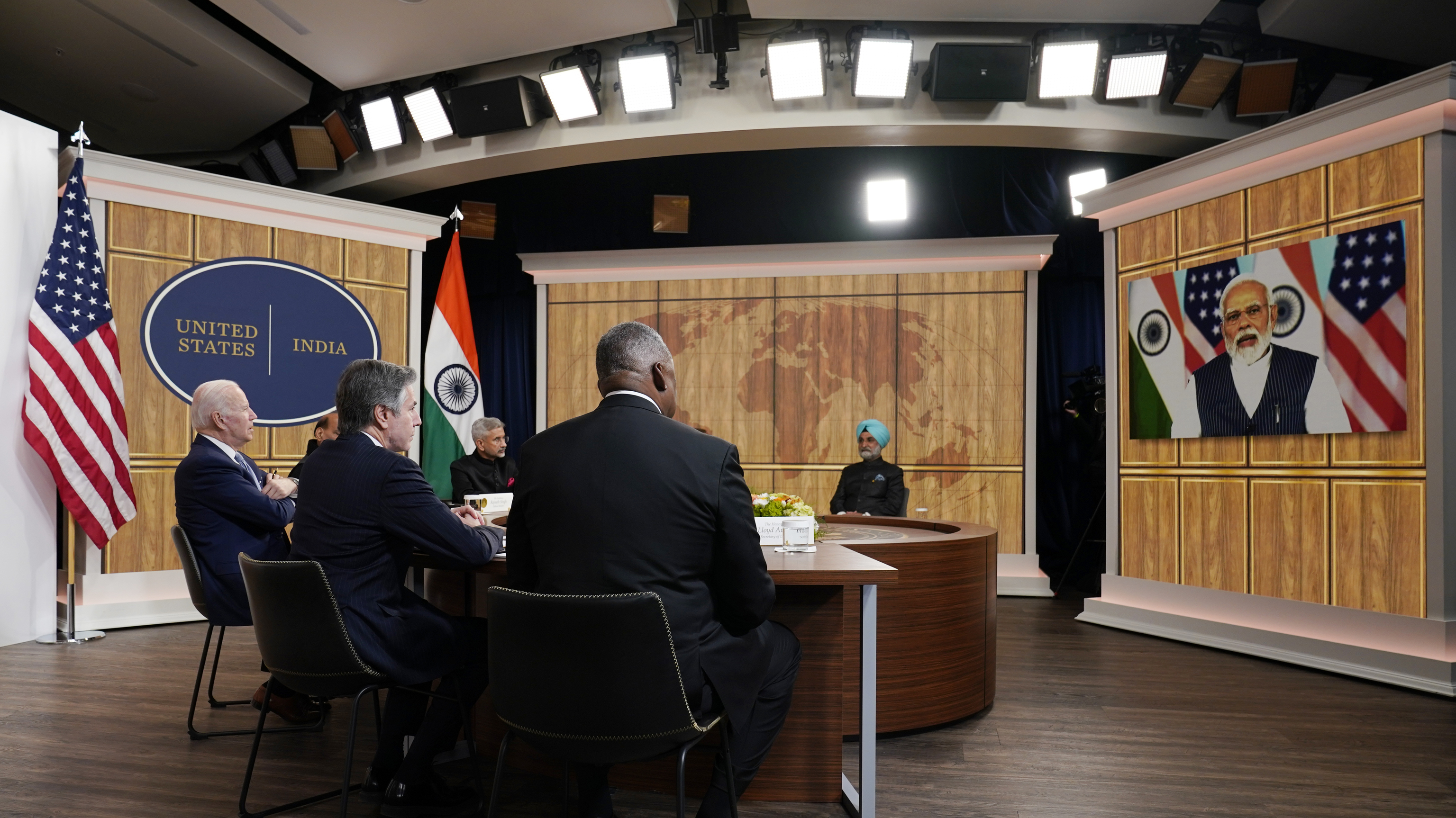 Joe Biden en su encuentro virtua con Narendra Modi, ayer.
