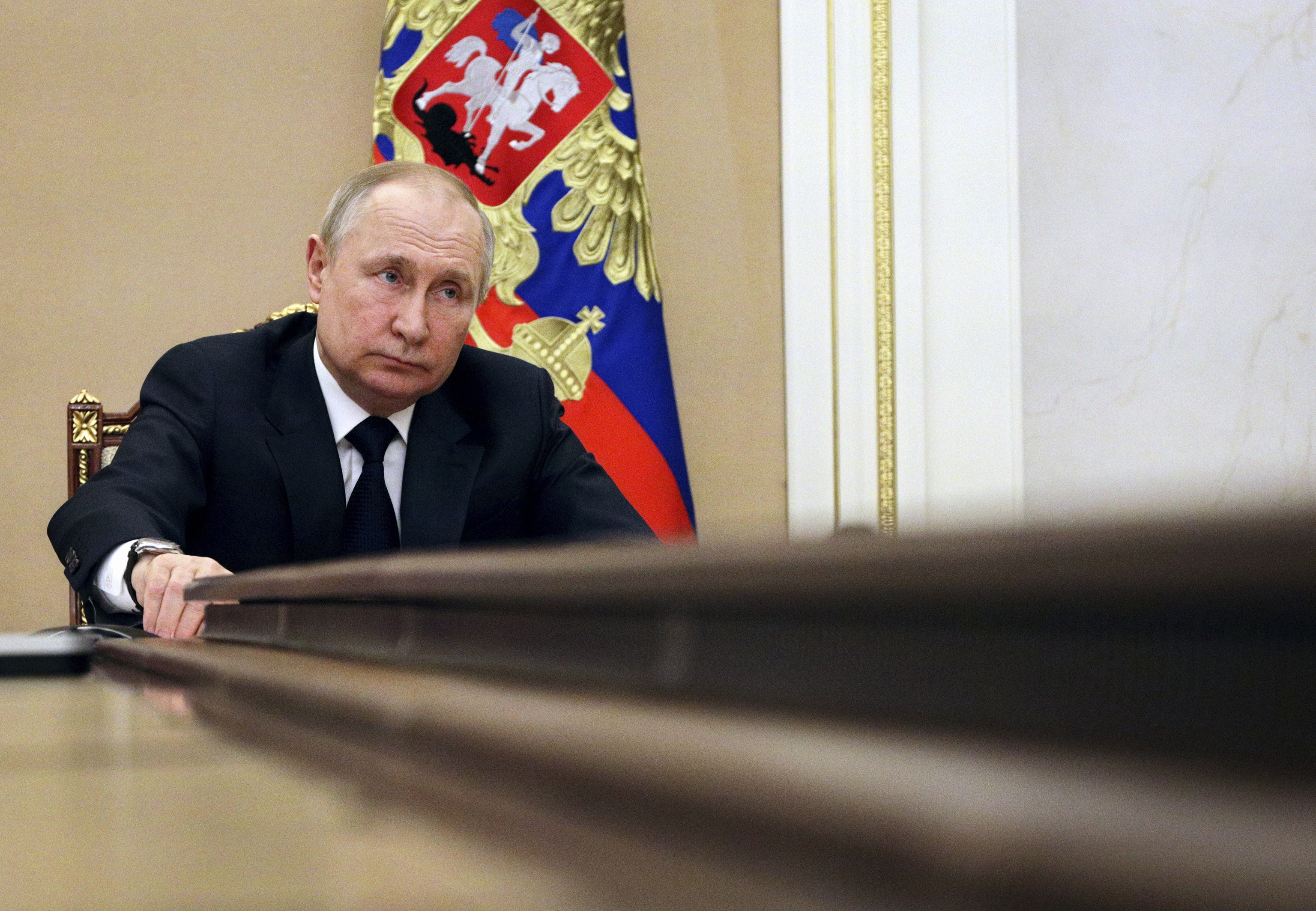 FILE - Russian President Vladimir  lt;HIT gt;Putin lt;/HIT gt; chairs a meeting with members of the government via teleconference in Moscow, on March 10, 2022. (Mikhail Klimentyev, Sputnik, Kremlin Pool Photo via AP, File)