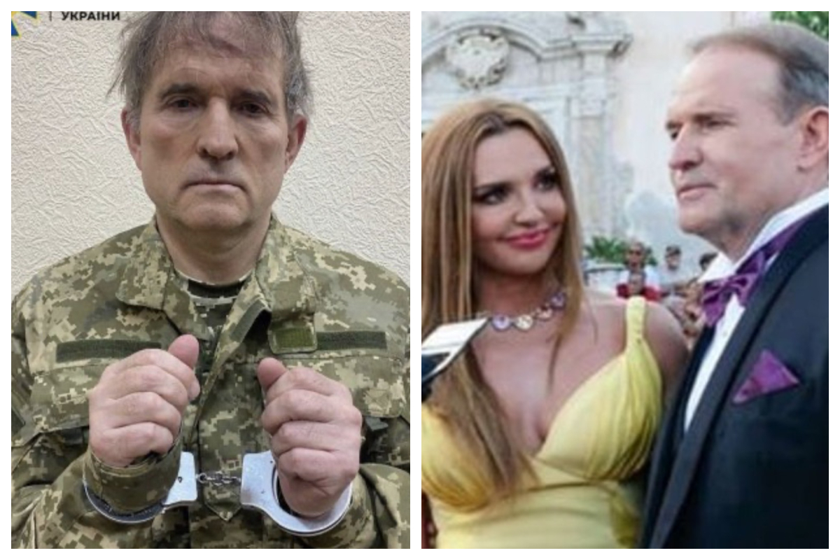 A la izquierda, Viktor Medvedchuk dentenido. A la derecha, en compaa de su esposa, la presentadora Oksana Marchenko.