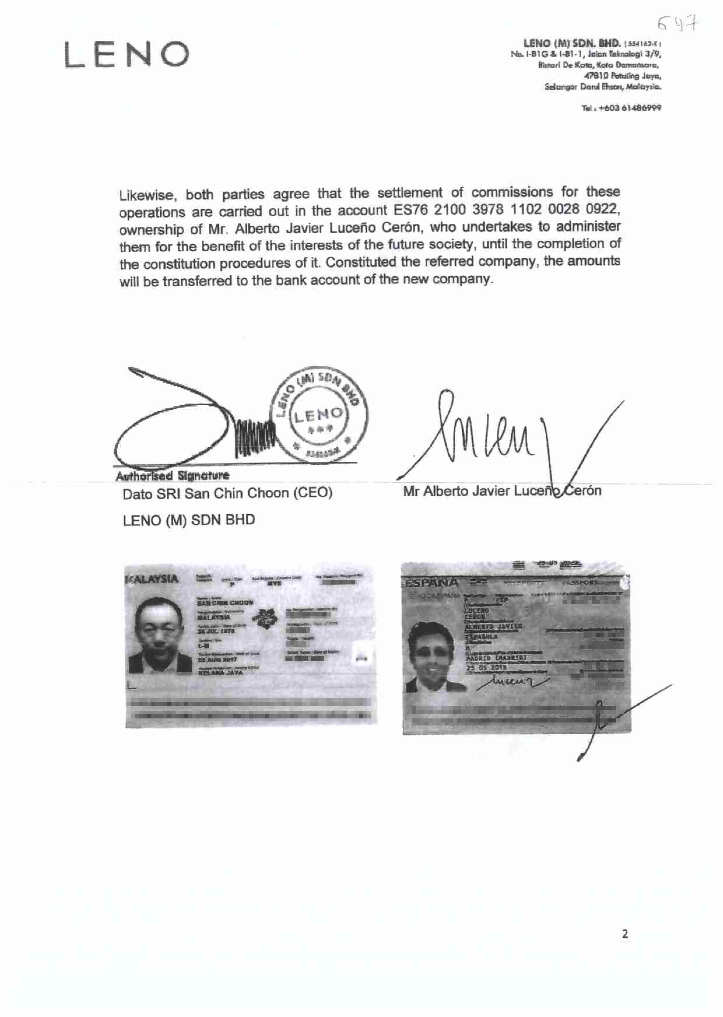 Contrato de compraventa incluido en el sumario con documentos de San Chin Choon y Alberto Luceo.