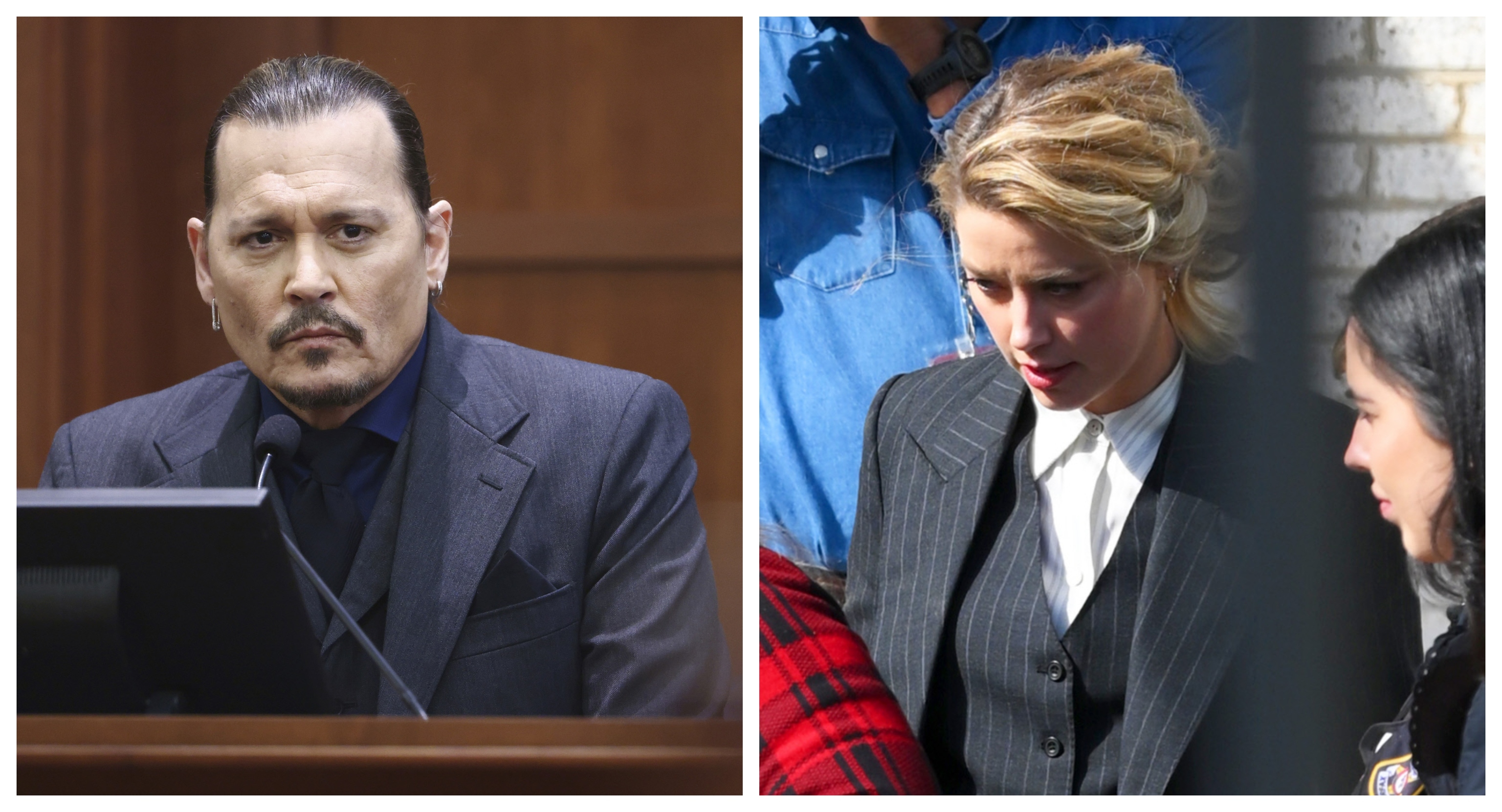 Johnny Depp y Amber Heard con una chaqueta a rayas durante el juicio