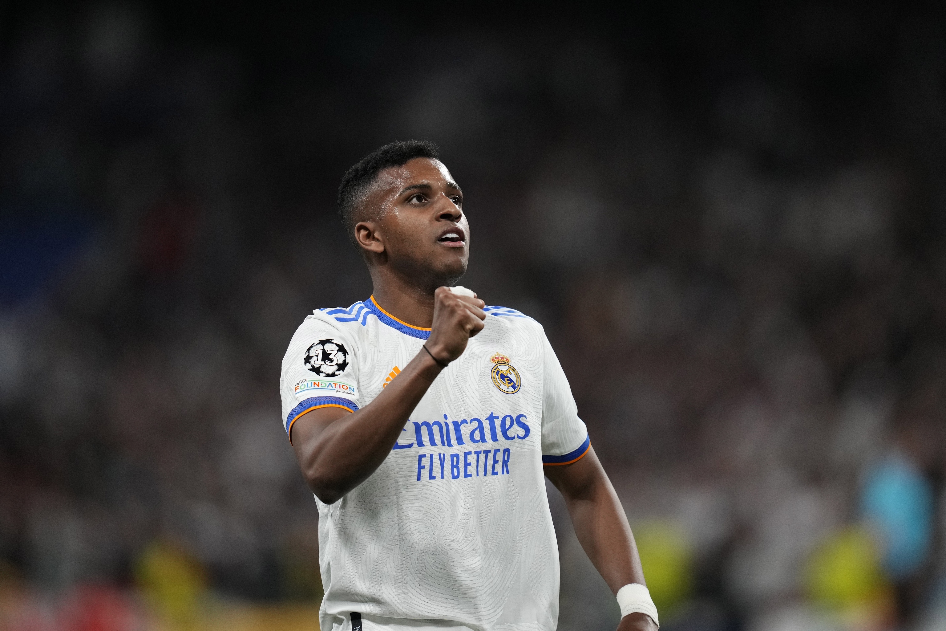 lt;HIT gt;Real lt;/HIT gt;  lt;HIT gt;Madrid lt;/HIT gt;'s Rodrygo celebrates his side's first goal during the Champions League semi final, second leg, soccer match between  lt;HIT gt;Real lt;/HIT gt;  lt;HIT gt;Madrid lt;/HIT gt; and Manchester City at the Santiago Bernabeu stadium in  lt;HIT gt;Madrid lt;/HIT gt;, Spain, Wednesday, May 4, 2022. (AP Photo/Bernat Armangue)