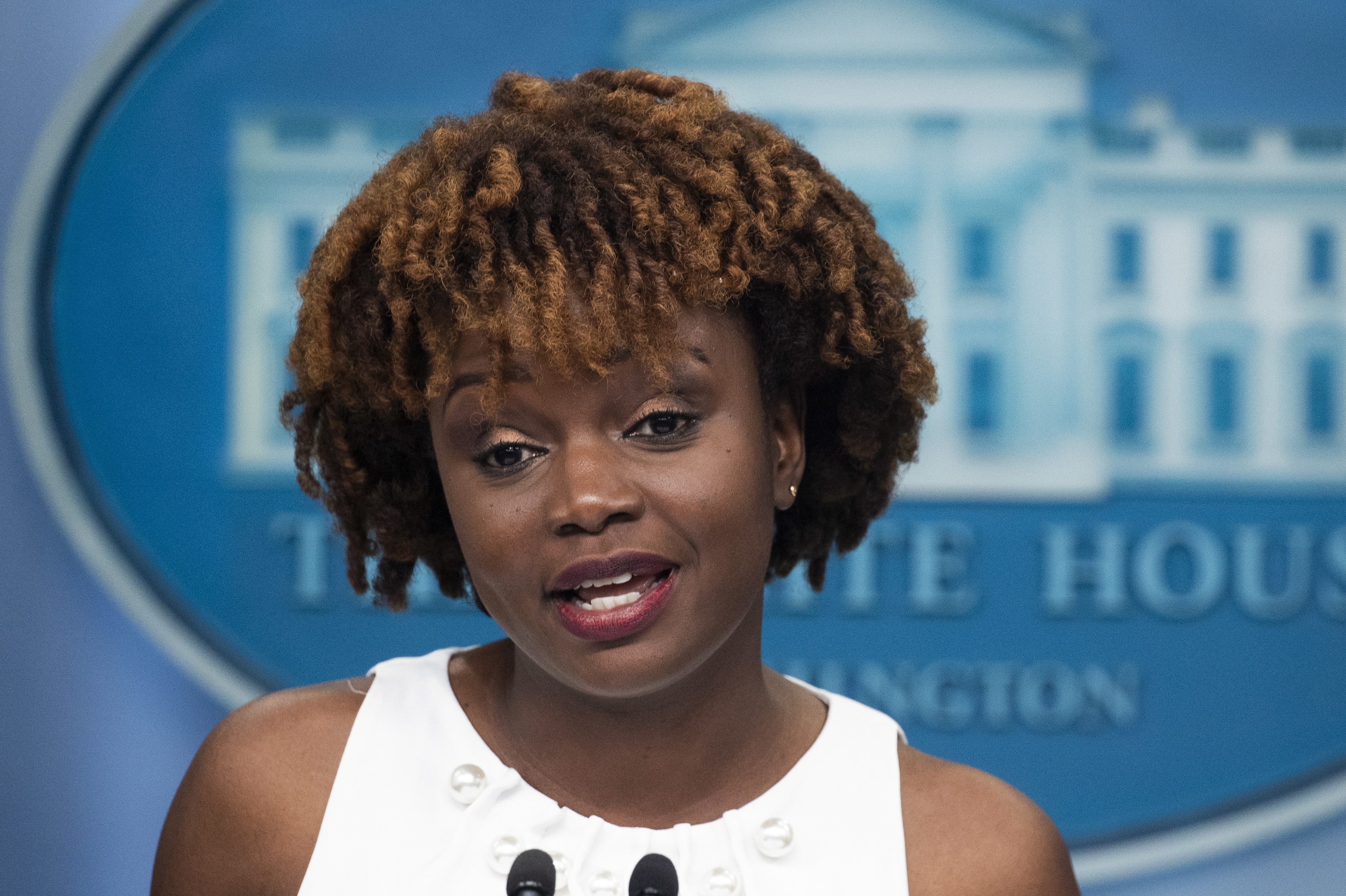 Carin Jean-Pierre addresses the press as the new spokesperson at the White House.
