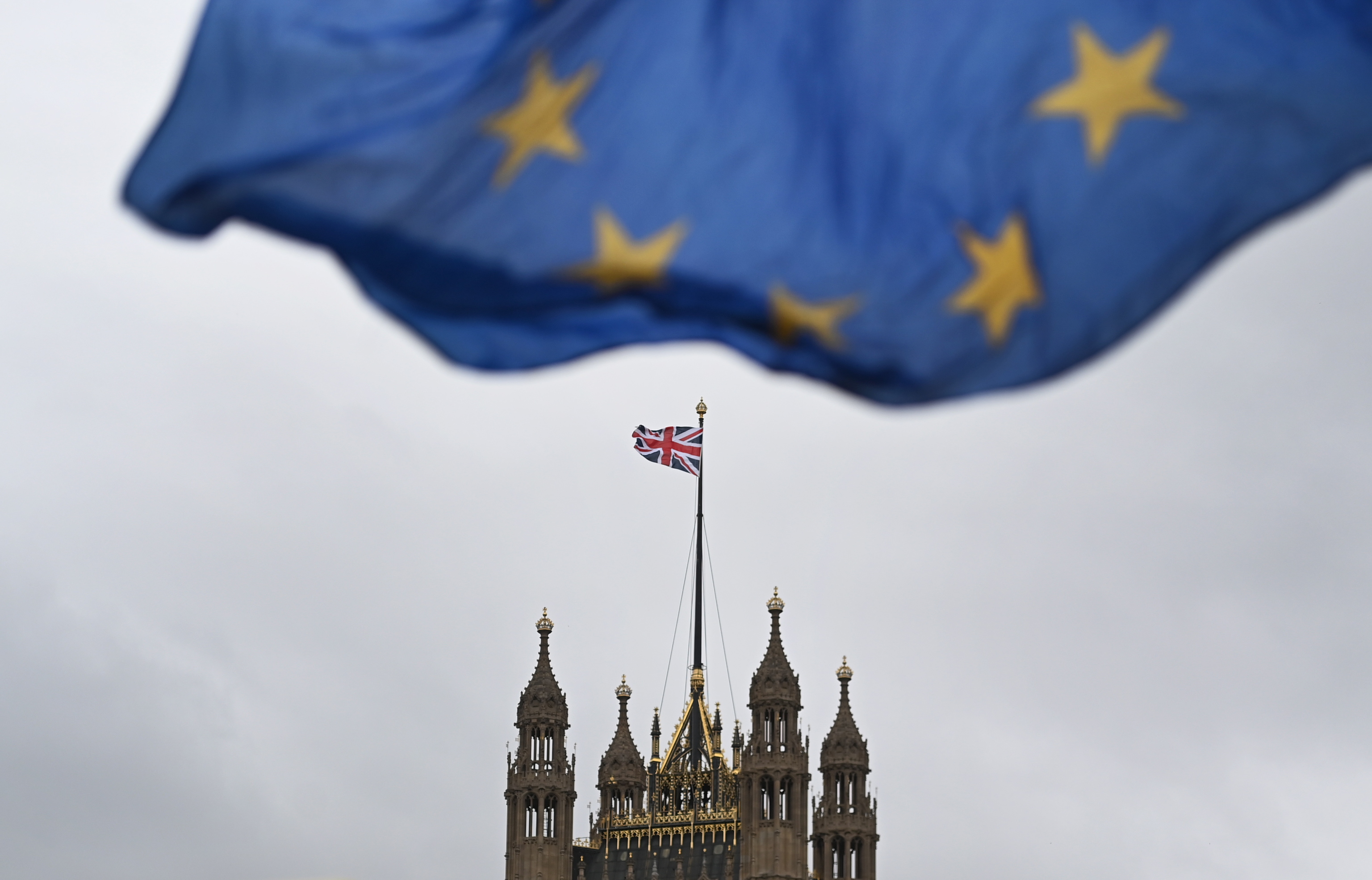 European Union flag waving outside the British Parliament