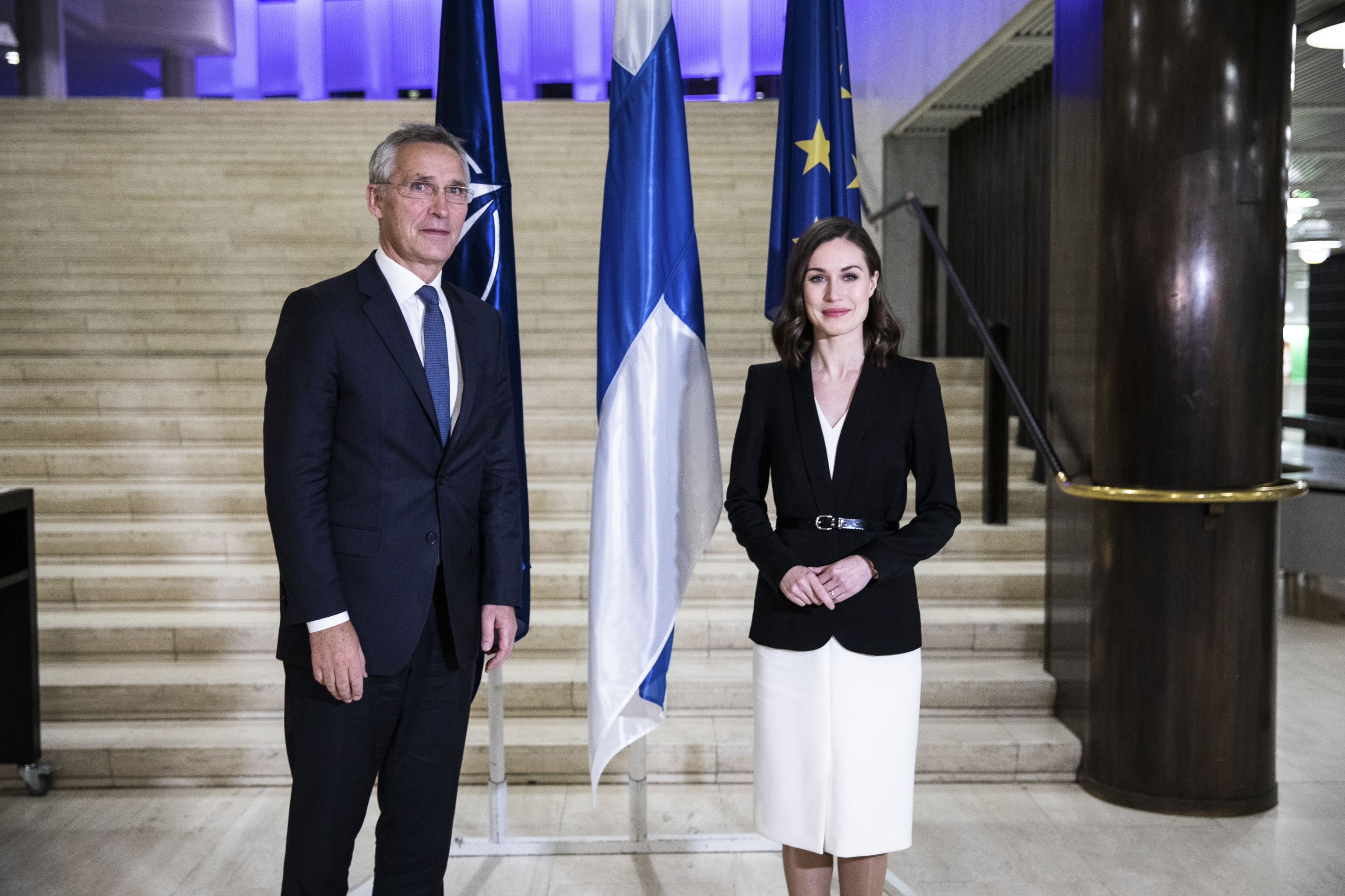 Finnish Prime Minister Sanna Marin and NATO Secretary General Jens Stoltenberg at a meeting
