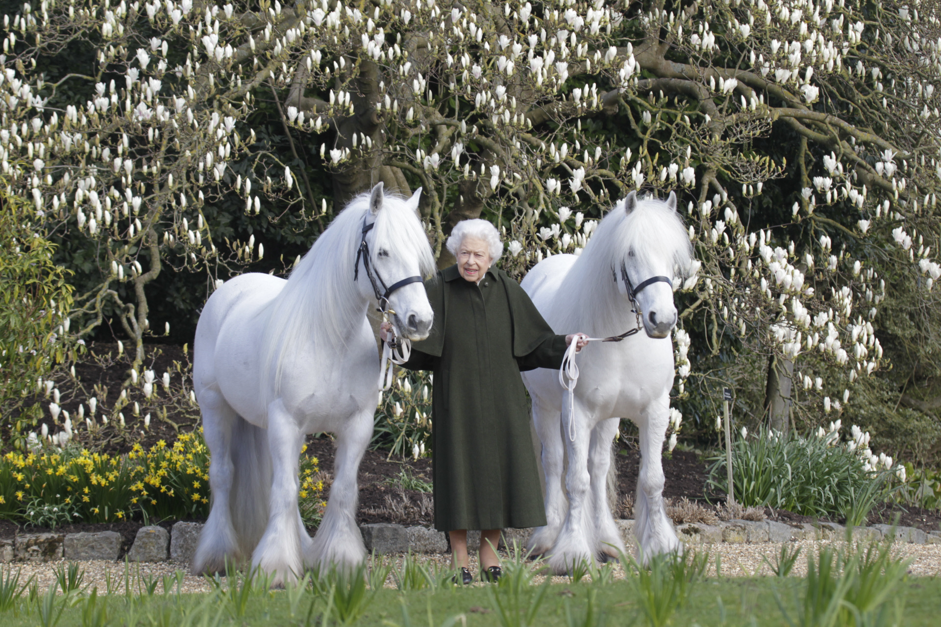 La reina, con dos de sus caballos, el da de sus 96 cumpleaos.