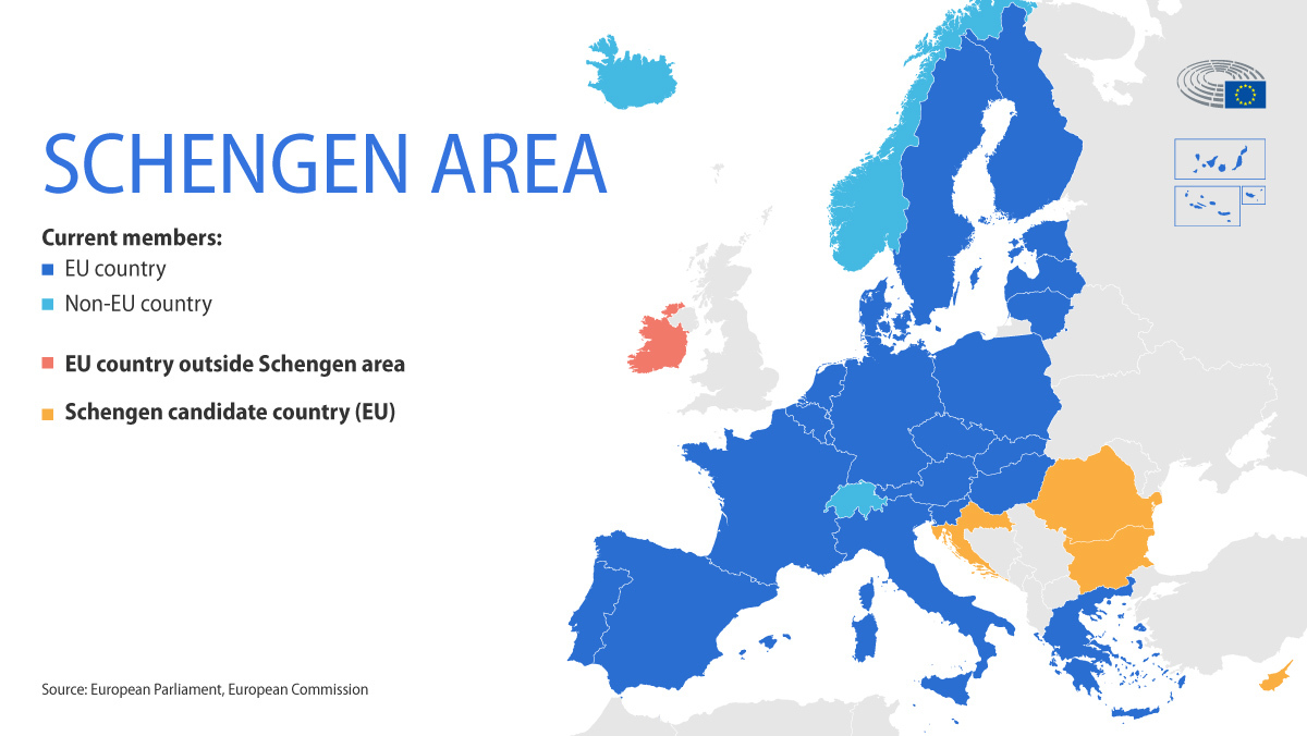 Mapa con las fronteras y Espacio Schengen.