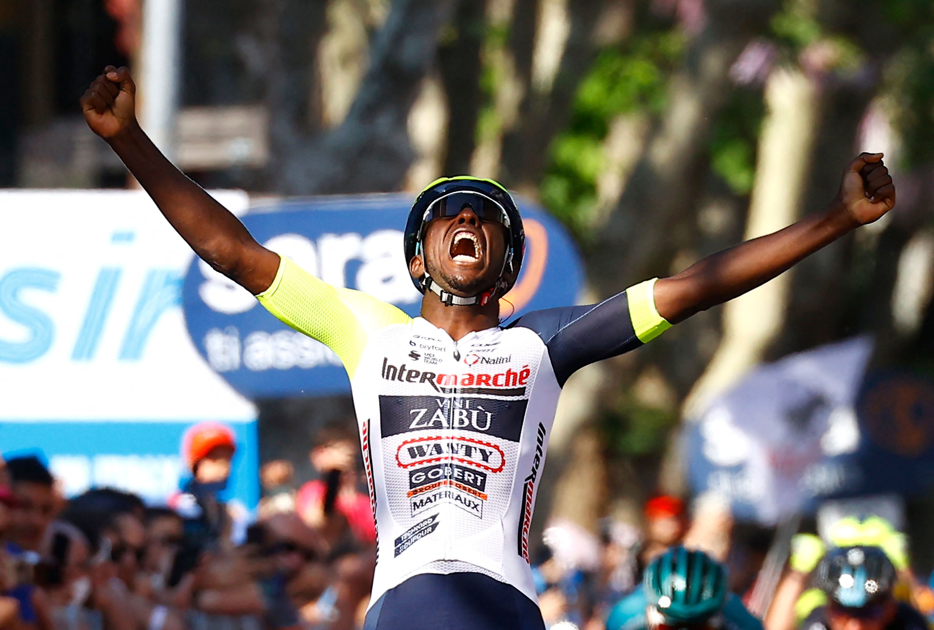 Girmay celebrates his first win at the Giro d'Italia.