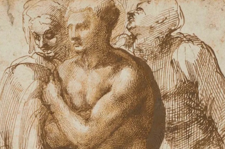 El dibujo 'Un joven desnudo rodeado de dos figuras'