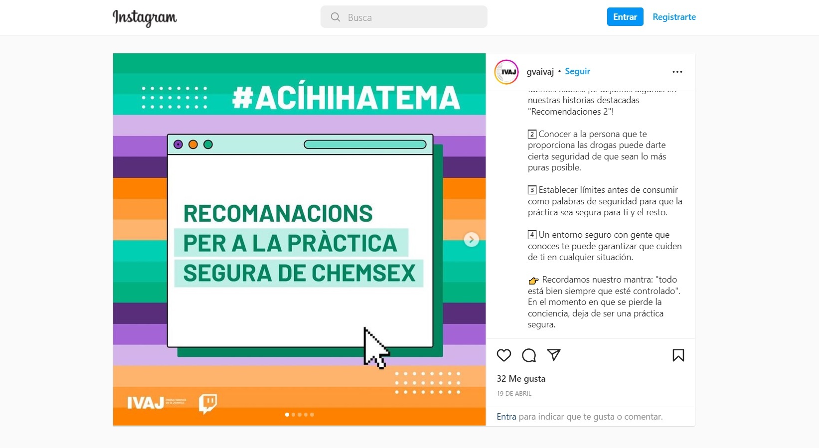 Imagen de una de las publicaciones del IVAJ en Instagram sobre el 'chemsex'.