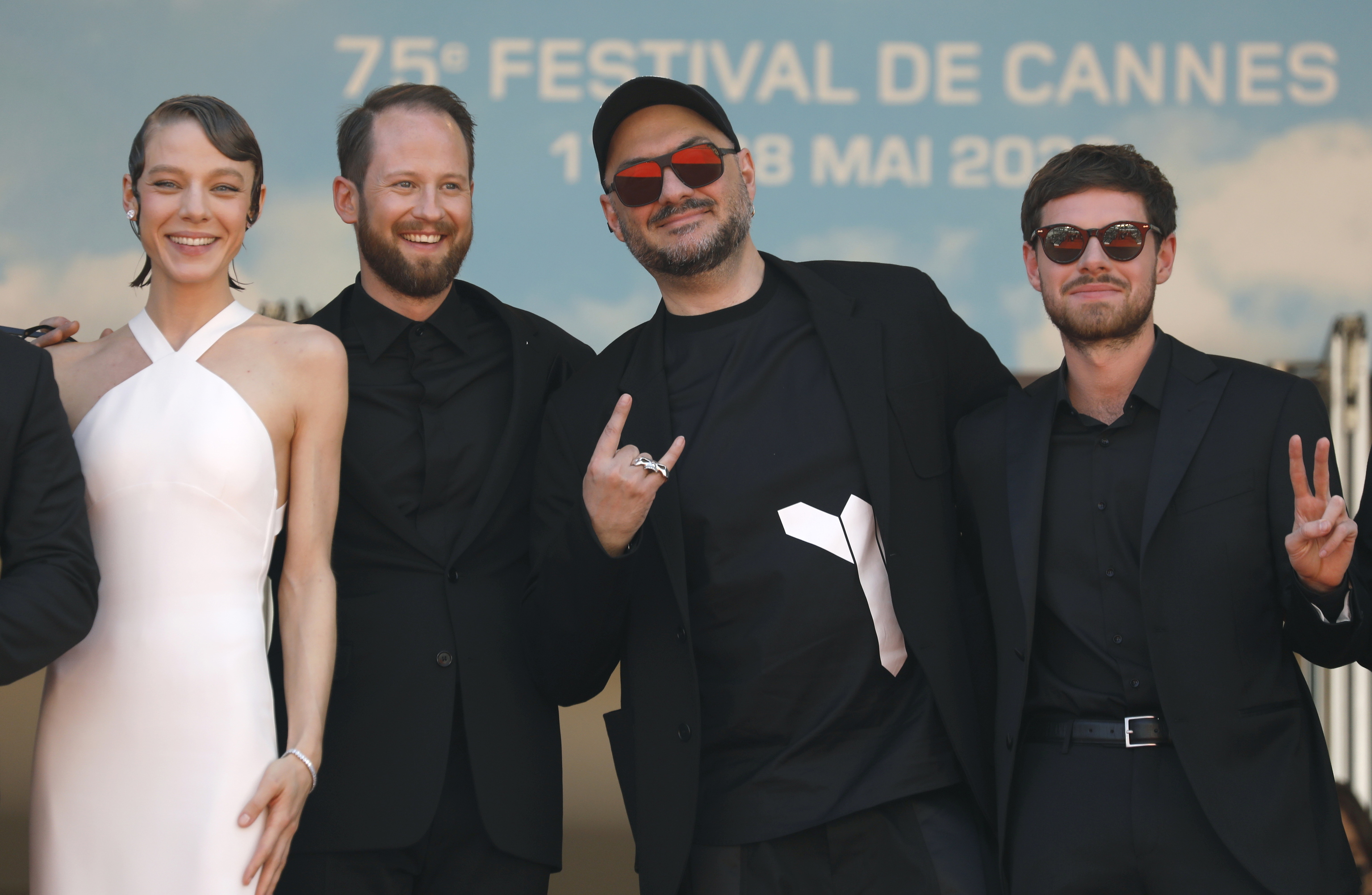 Actress Alyona Mikhailova, actor Odin Biron, director Kirill Serebrennikov and actor Filipp Avdeev on the red carpet at Cannes The Pale