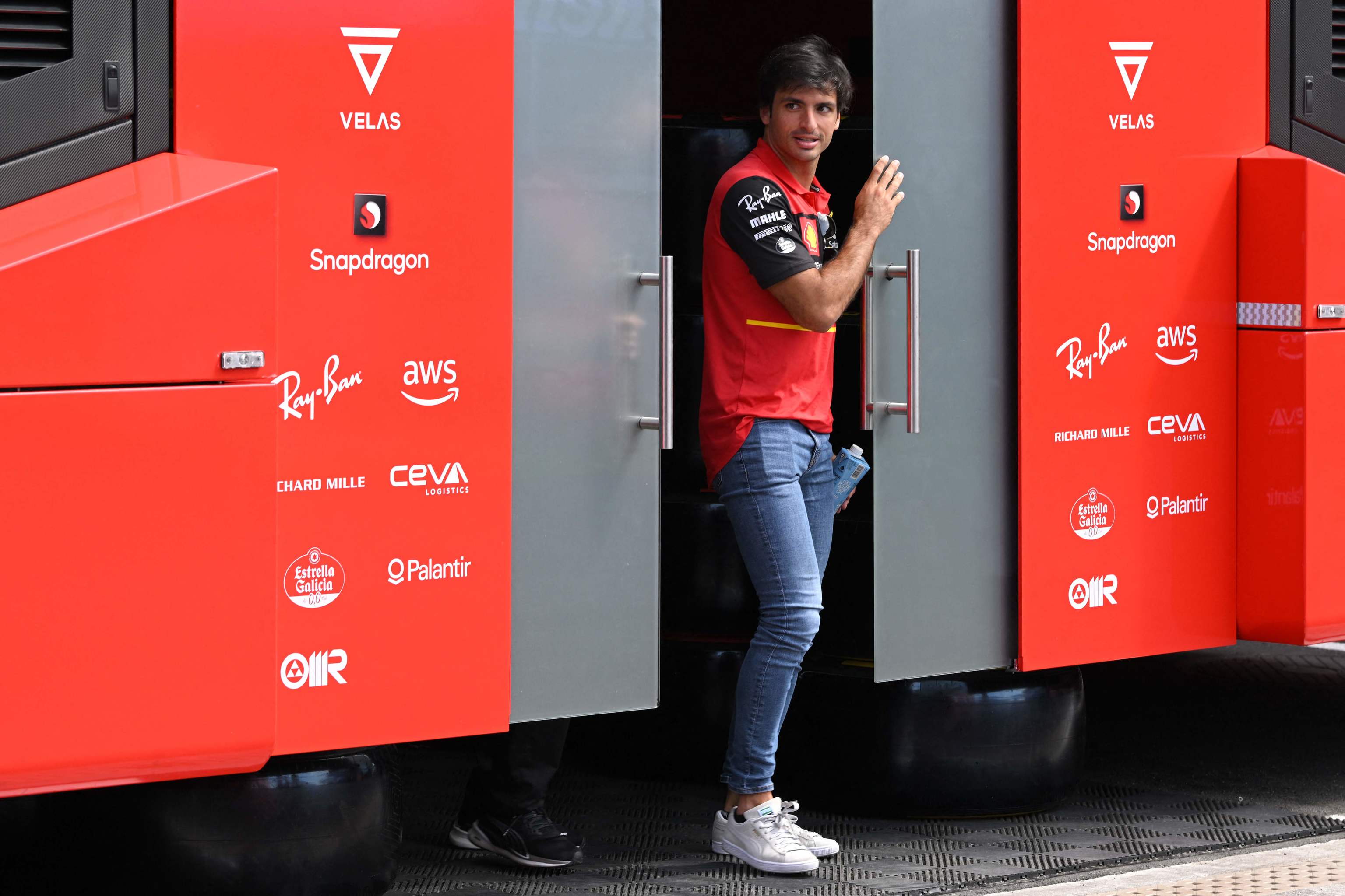 Sainz at the Ferrari Motorhome in Montmelo on Thursday.