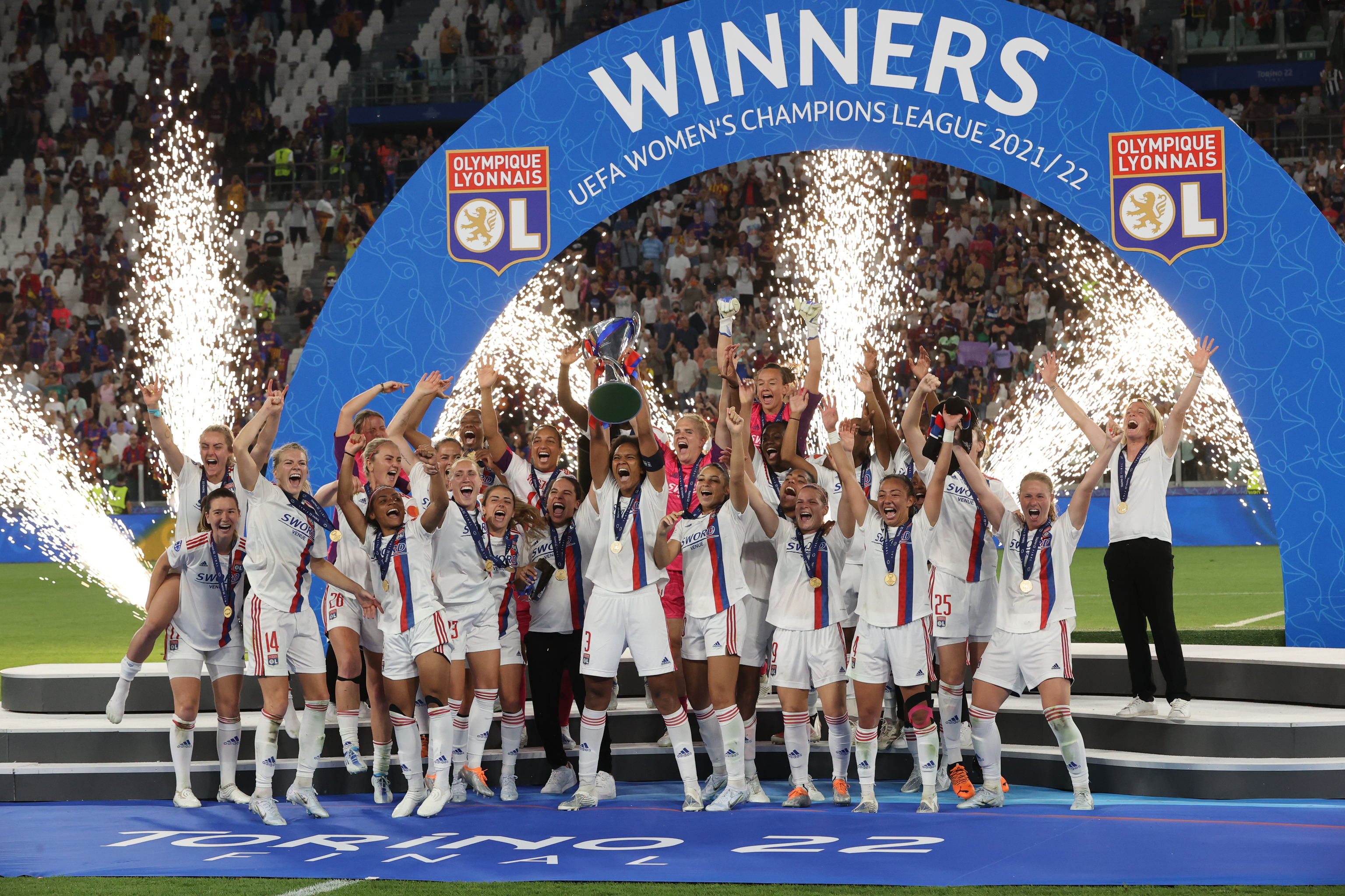 The Lyon players have lifted their eighth European Champions Trophy.
