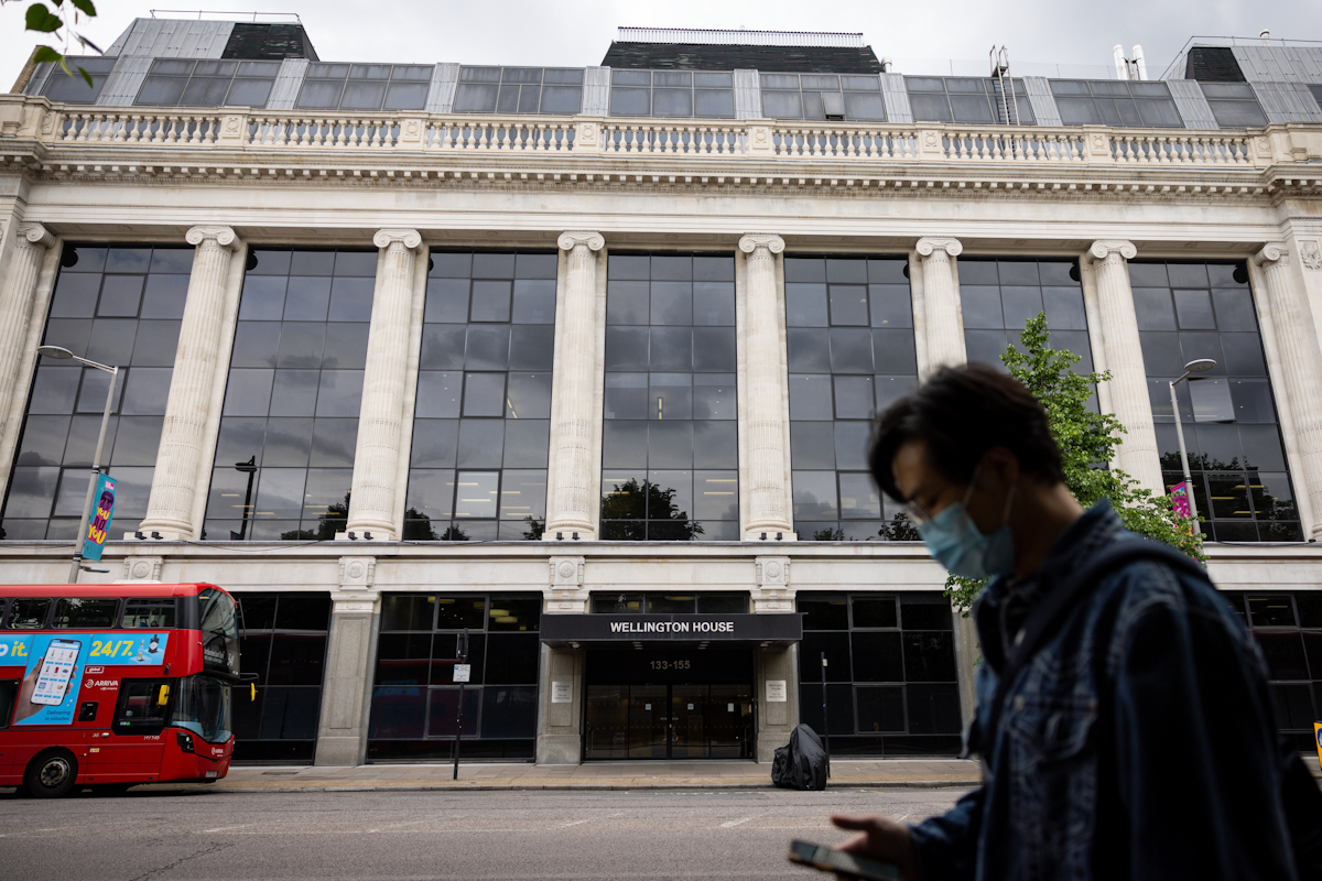 A person passes by the UK Health Protection Agency (UKHSA).  in London.