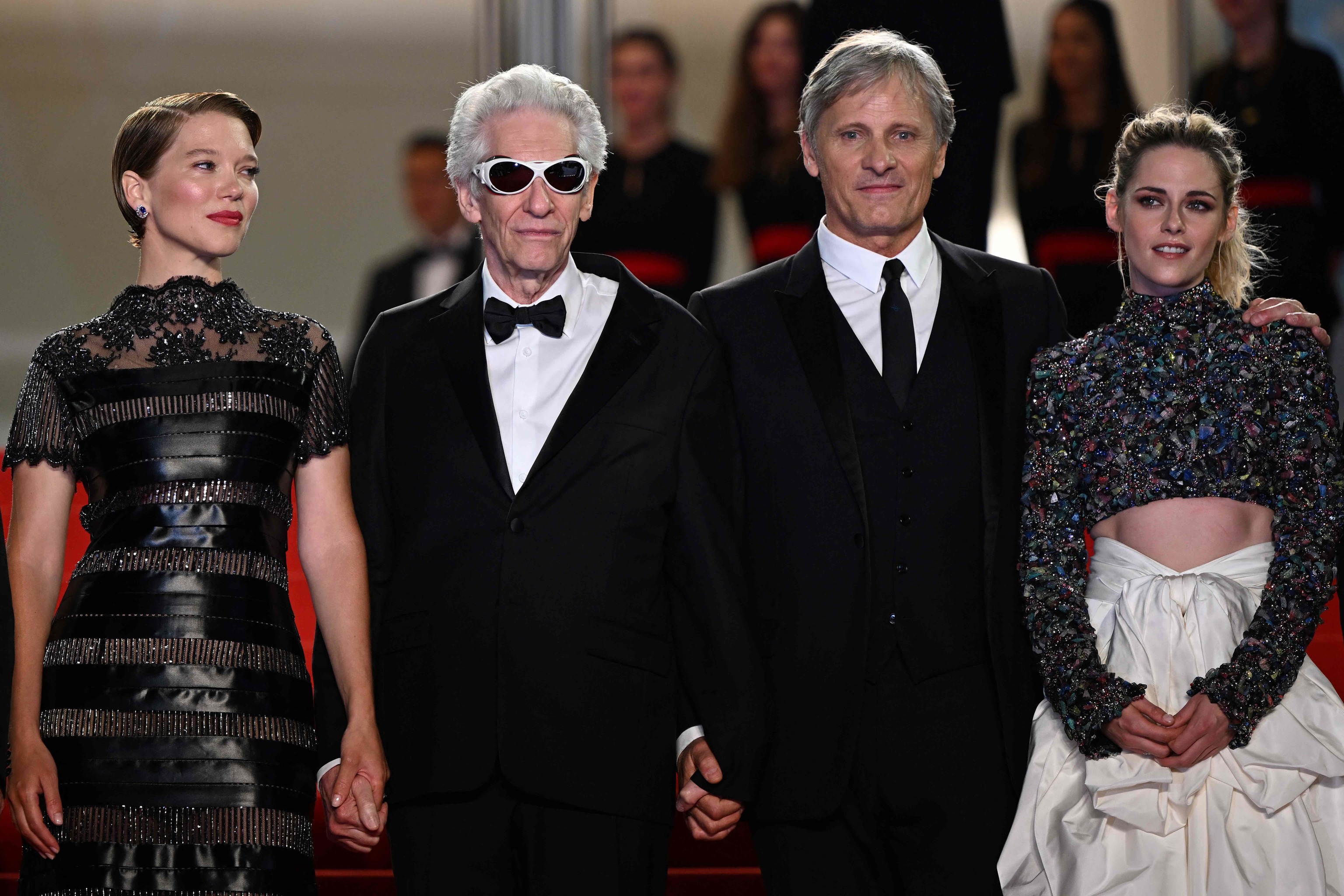 Lee Seydoux, David Cronenberg, Viggo Mortensen and Kristen Stewart upon arrival at the Cannes Film Festival.
