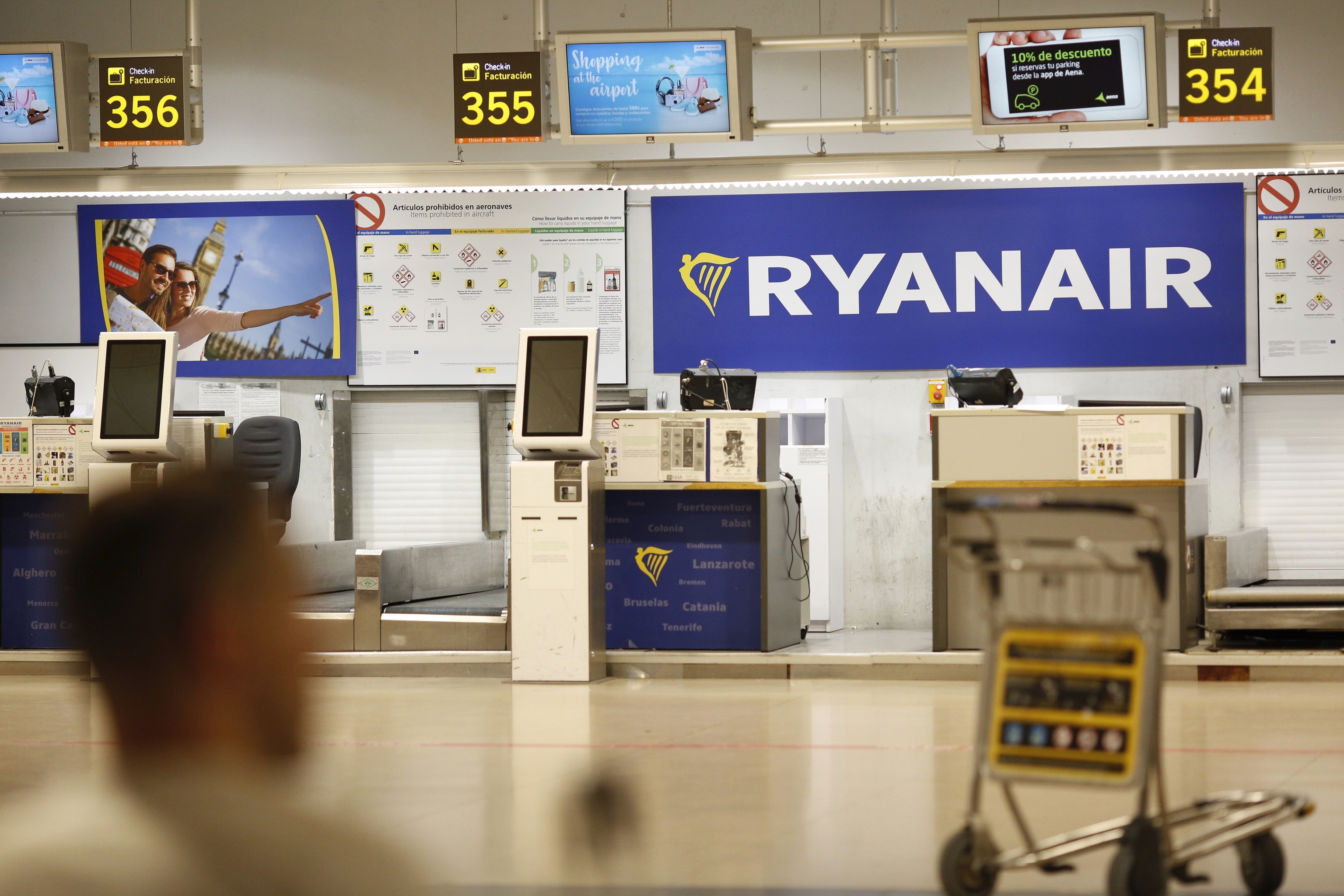 A Ryanair counter at Madrid-Barajas Airport