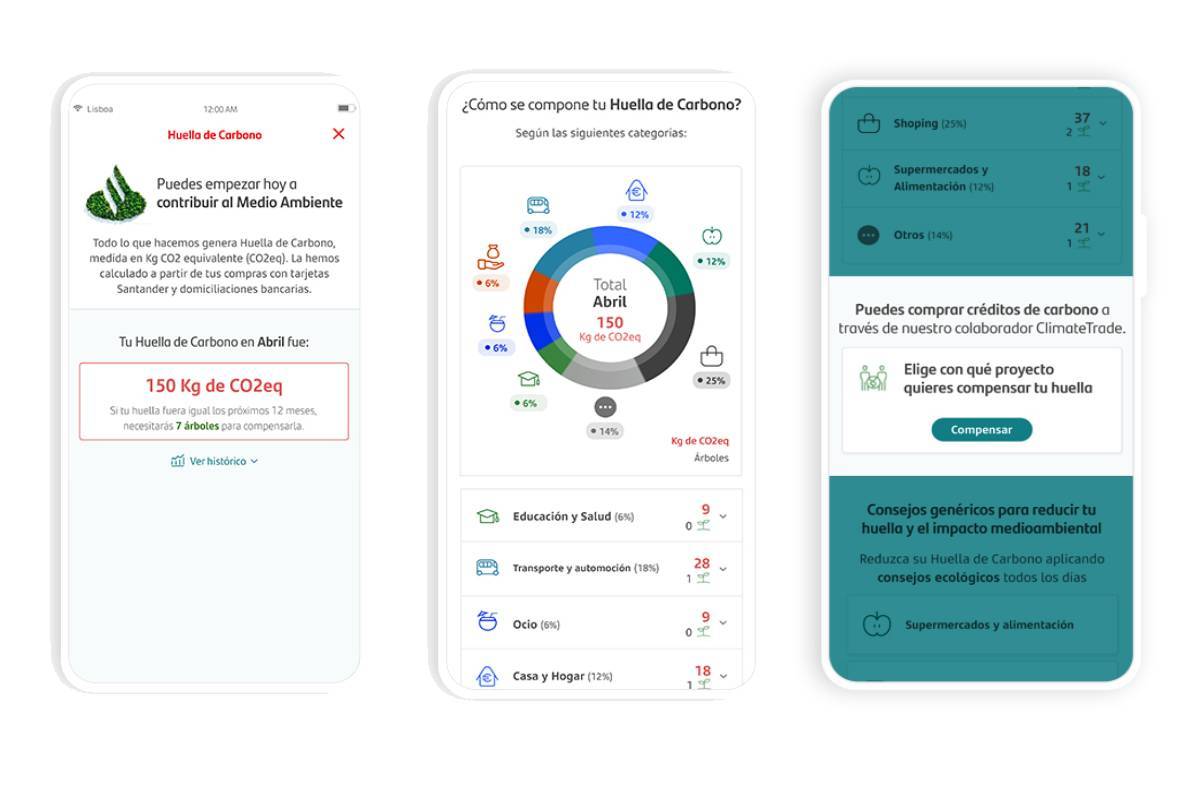 Imagen de varios pantallazos de la funcionalidad de la app del Santander donde podrás medir y compensar tu huella de carbono.