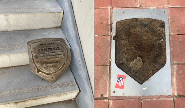 The torn plate and the place where it was located on the outskirts of Wanda Metropolitano.