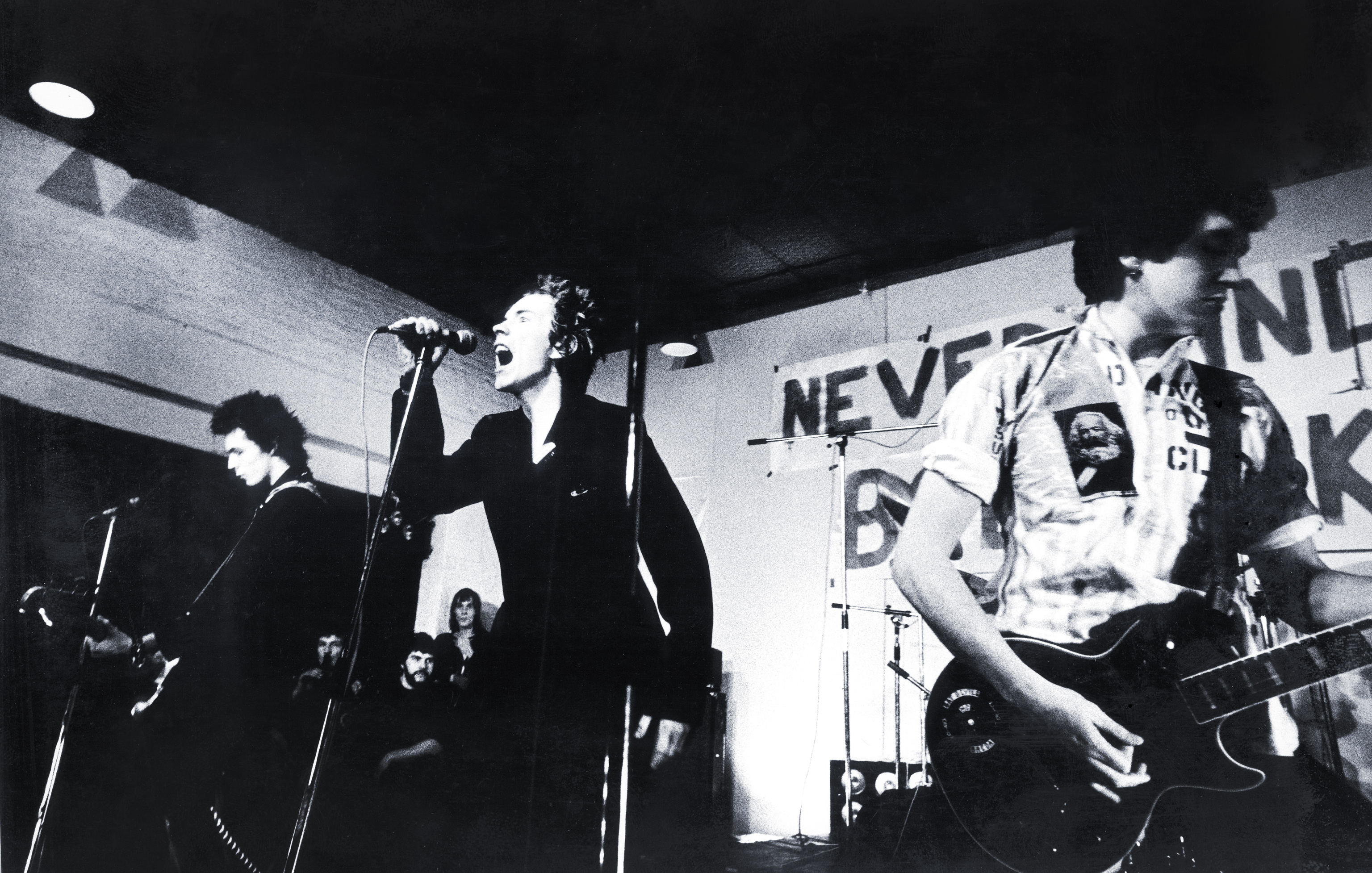 Johnny Rotten, Sid Vicious and Steve Jones at a concert in December 1977.
