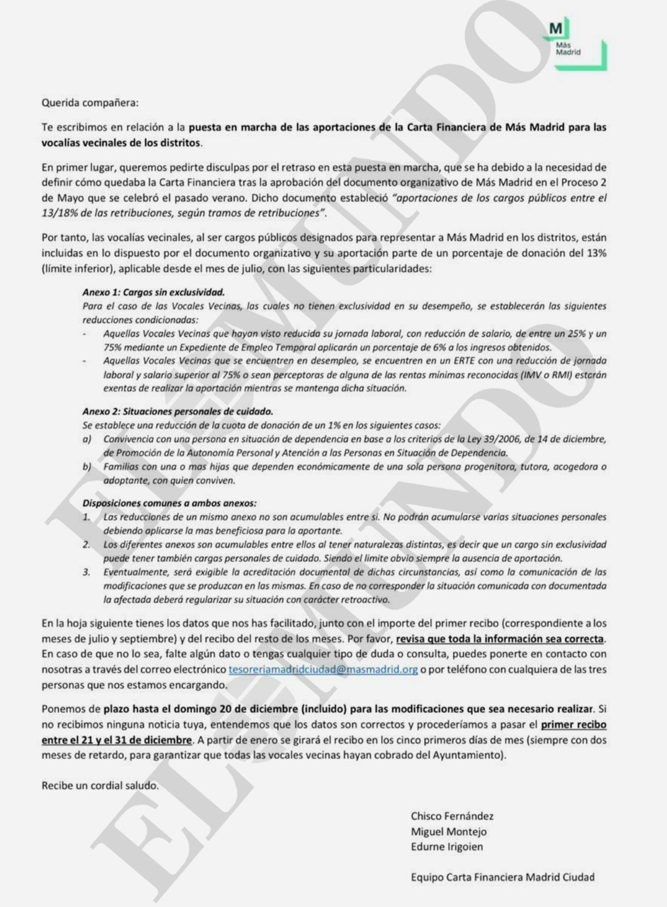 Carta financiera de Más Madrid.