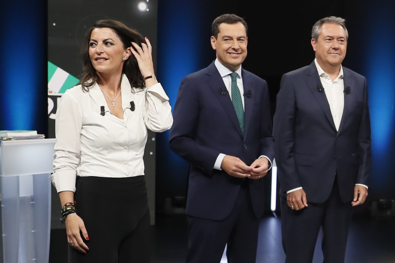 Vox, PP and PSOE candidates, Macarena Olona, ​​Juanma Moreno and Juan Espadas, just moments before starting the debate on TVE,