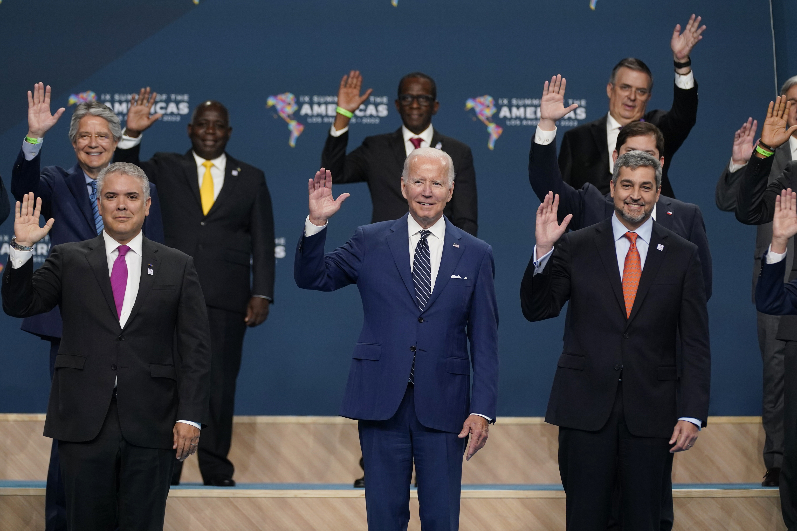 President Joe Biden, center, attends a family photo with the Presidents of Colombia, Iv