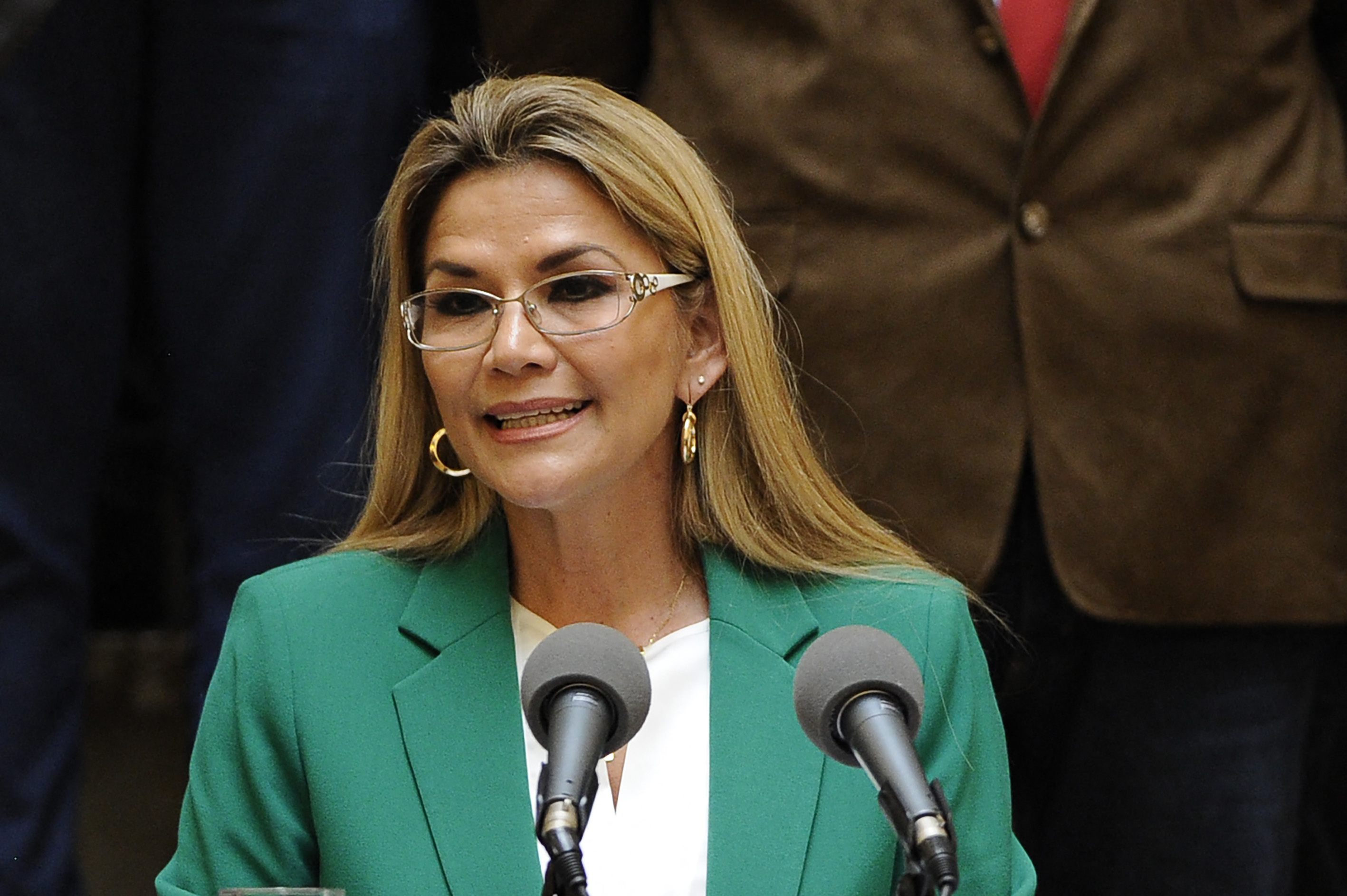 In this January 22, 2020 file photo, Bolivia's interim President, Jeanine ez, gives a speech during the celebration of the Day of the Plurinational State at Quemado Palace in La Paz.  Former Bolivian President Jeanine Aez was sentenced to 10 years in prison on June 10, 222 for an alleged plot to overthrow her rival and predecessor Evo Morales.
