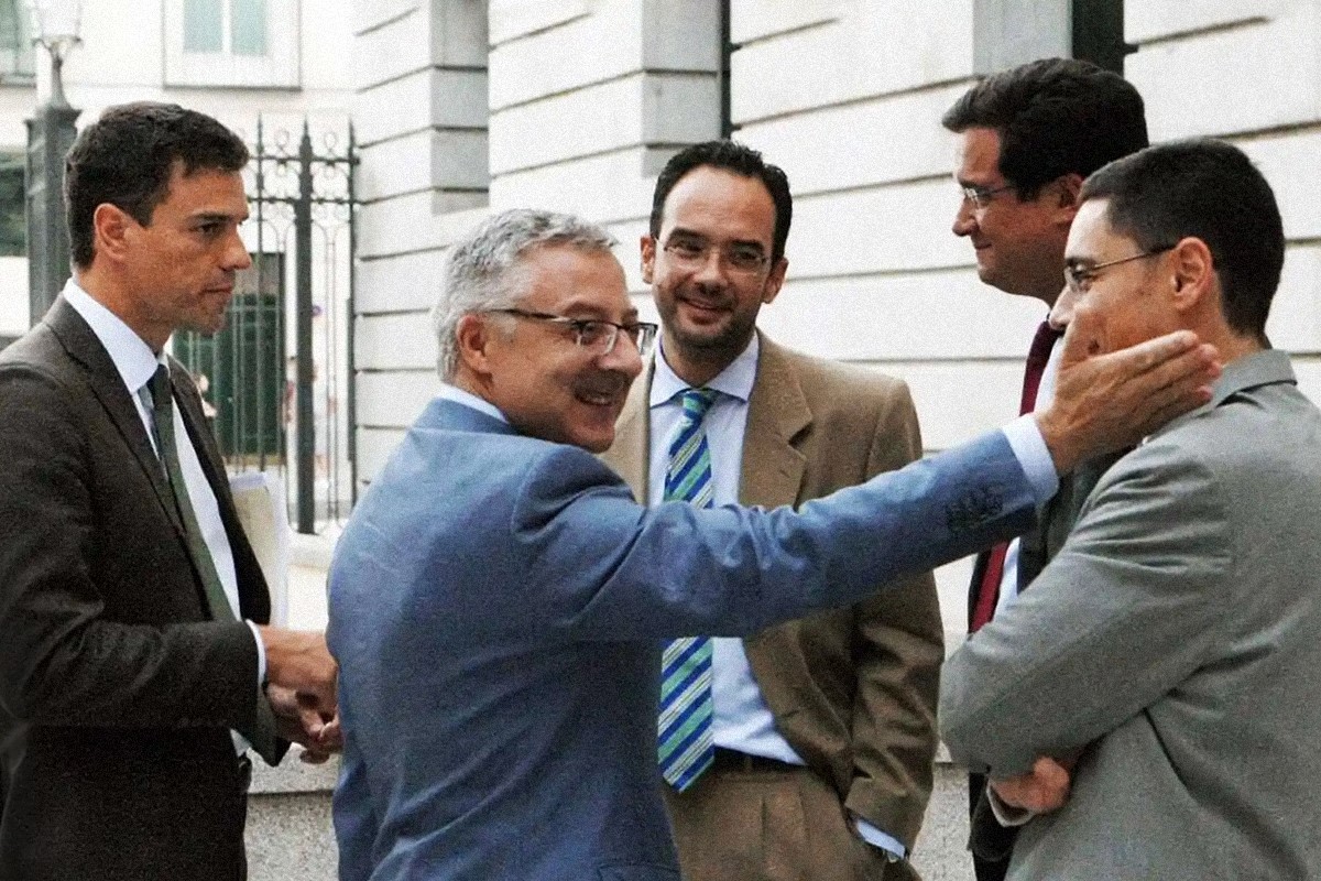 Pepe Blanco, entonces secretario de organizacin del PSOE con  Pedro Snchez, Antonio Hernando y scar Lpez.