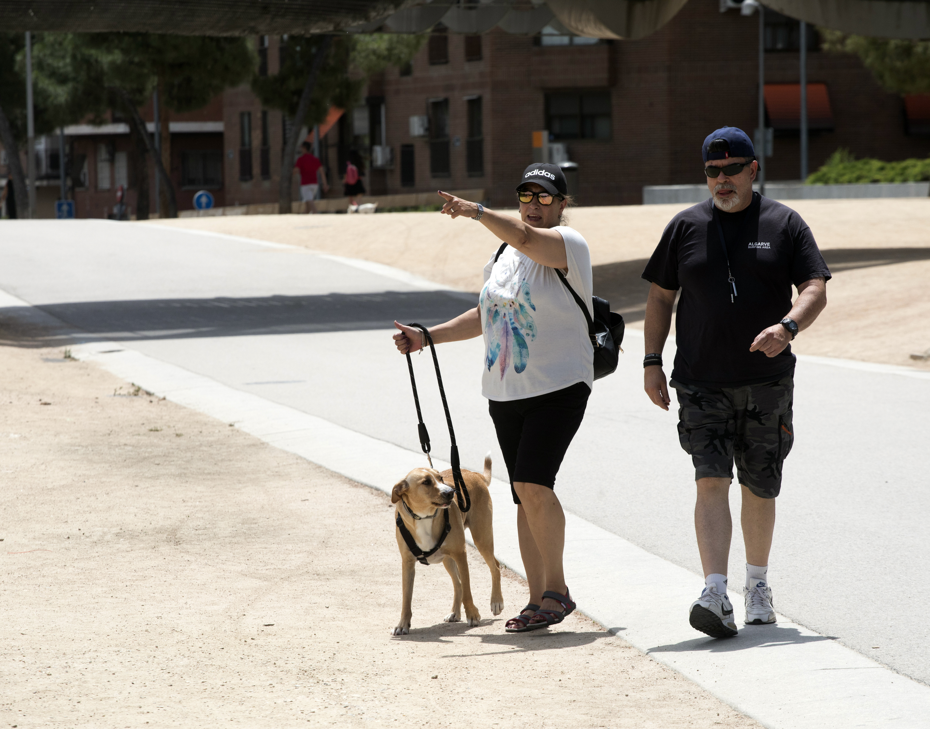 Dos personas paseando su perro en el parque de Madrid Rio.