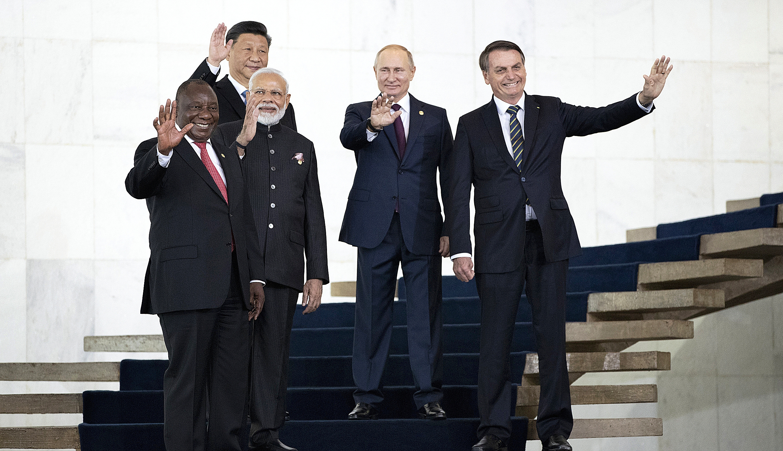 Los líderes de Sudáfrica, China, India, Rusia y Brasil, en 2019.